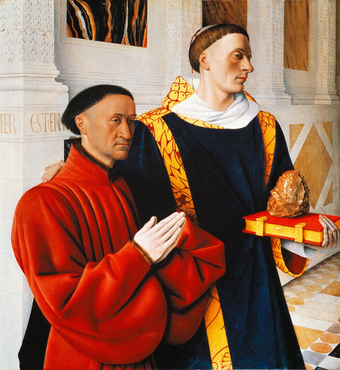 Levý panel Melunského diptychu: Etienne Chevalier se svým patronem svatým Štěpánem od Jean Fouquet