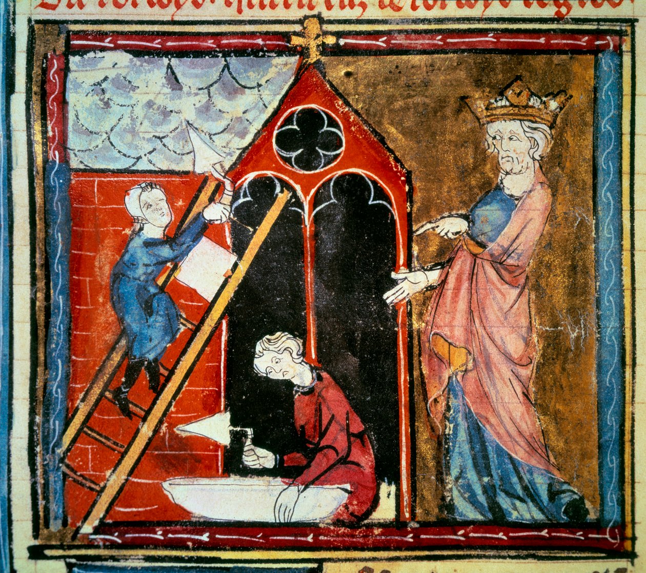 Ludvík vi le gros (1081 - 1137) dohlíží na stavbu budovy. Miniatura v knize "Grandes chroniques de france" od Jeana Fouqueta (1420-1481) od Jean Fouquet