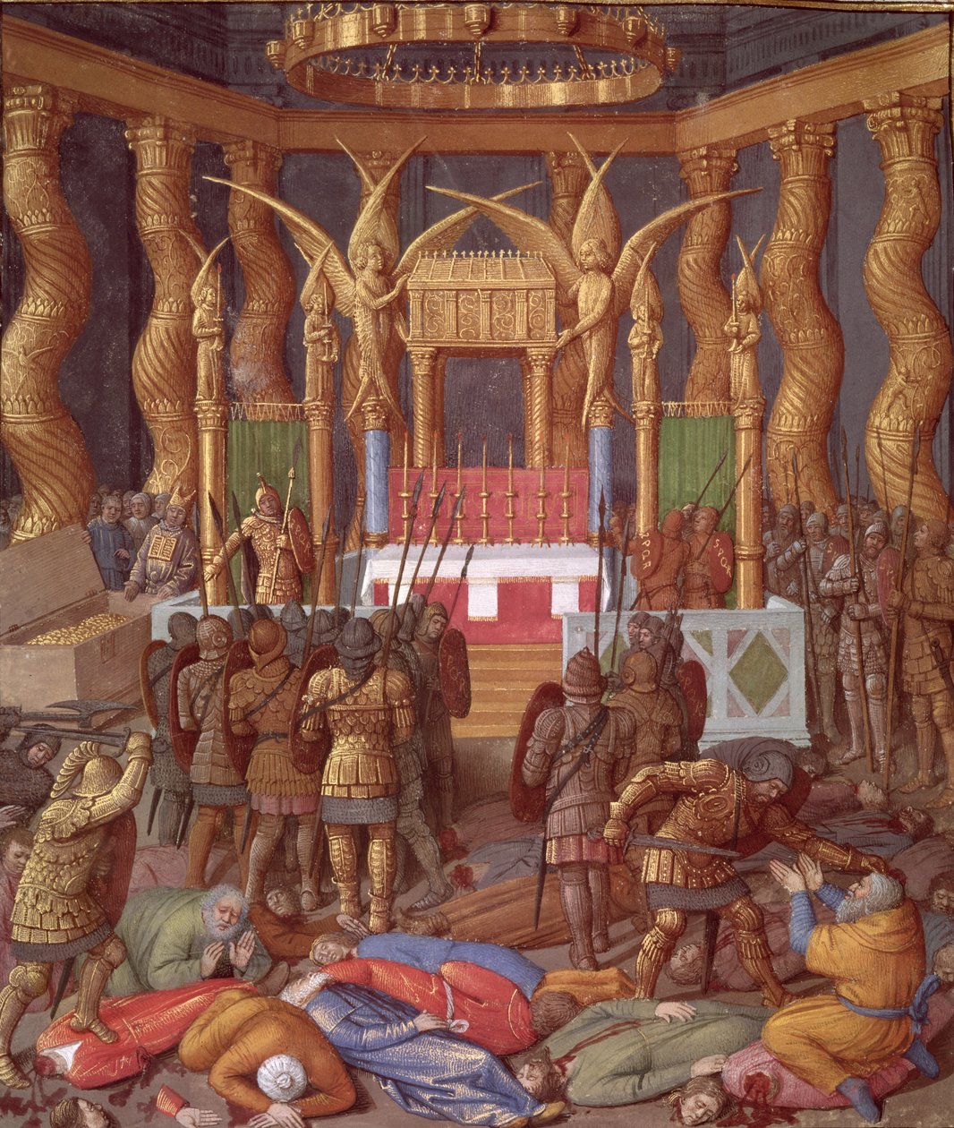 Ms Fr 247 f.293 Znesvěcení jeruzalémského chrámu v roce 63 př. n. l. Pompeiem a jeho vojáky, ilustrace z "Antiquites Judaiques", asi 1470. od Jean Fouquet