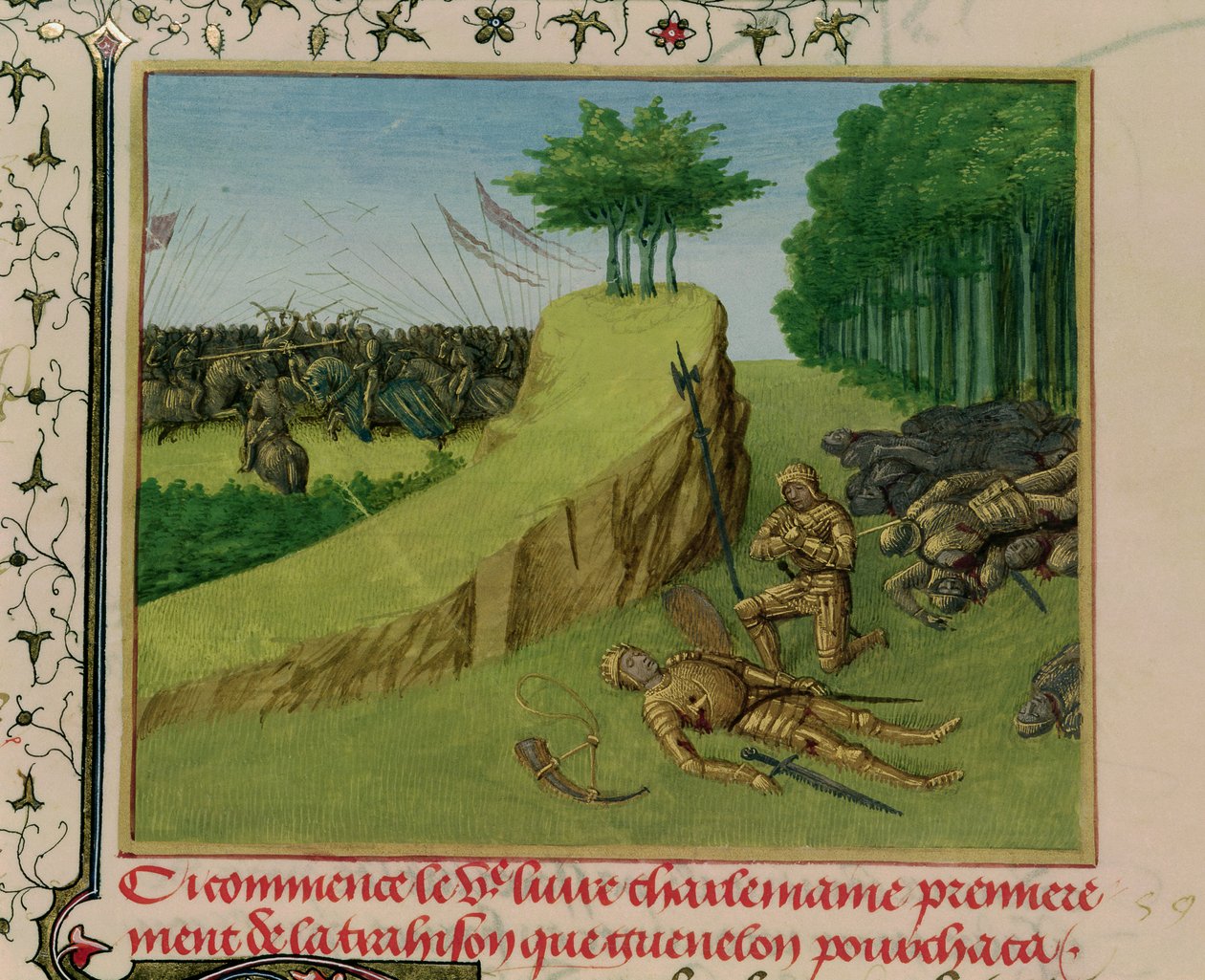 Paní Fr 6465 f.113 Císař Karel Veliký nalezne Rolandovu mrtvolu po bitvě u Roncevaux, z „Les Grandes Chroniques de France“, kolem roku 1460 od Jean Fouquet