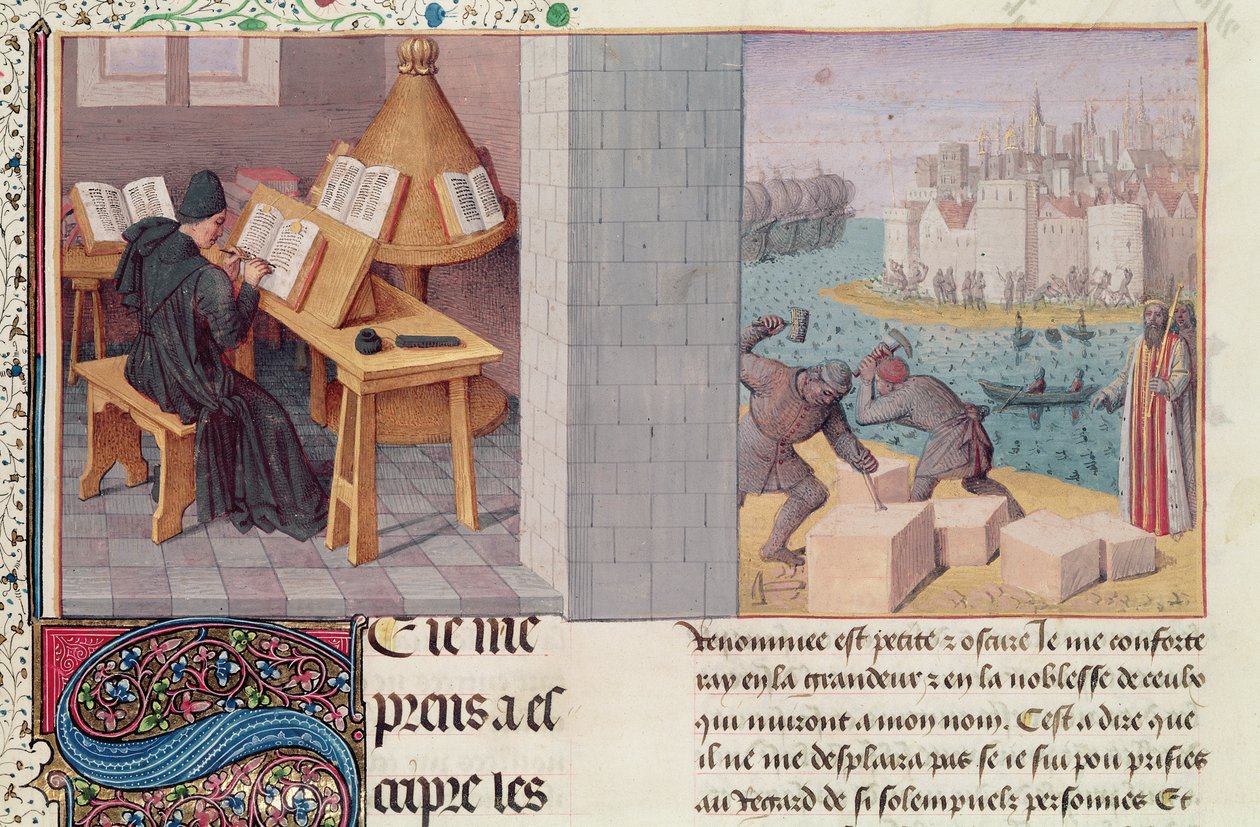 Ms.fr.273 fol.7 Livius (59 př. n. l. - 17 n. l.) Psaní a založení Říma, z "Letopisů římského lidu", překlad Pierre Bersuire, asi 1475. od Jean Fouquet