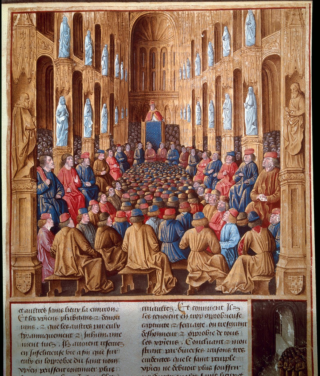 Papež Urban II (1042-1099) káže první křížovou výpravu na koncilu v Clermontu ve Francii, spojující rytíře, šlechtu a kardinály od Jean Fouquet