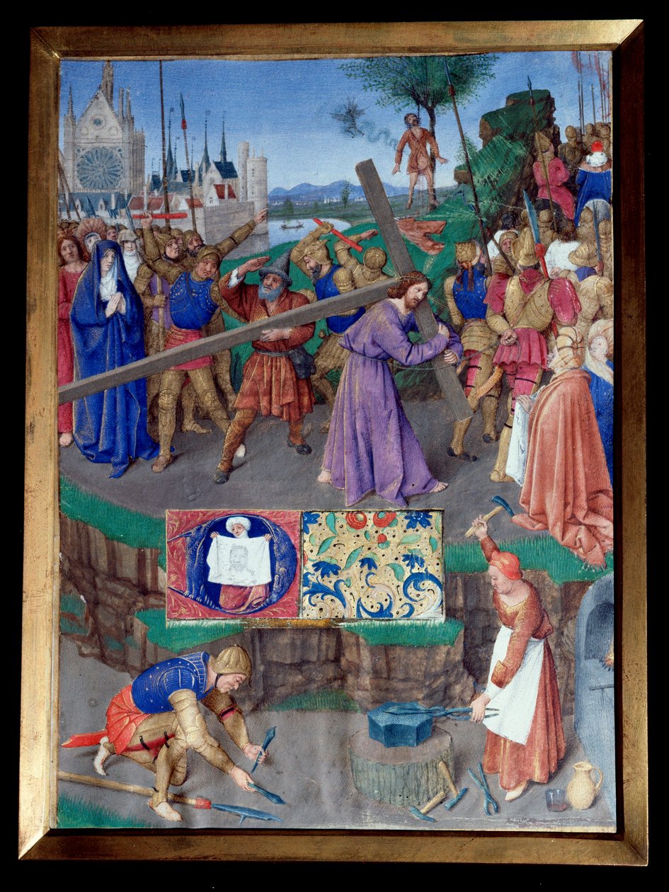 Miniatura Portage de croix převzata z „Knihy hodin Etienna Chevaliera““ od Jeana Fouqueta (1420-1477/1481) od Jean Fouquet