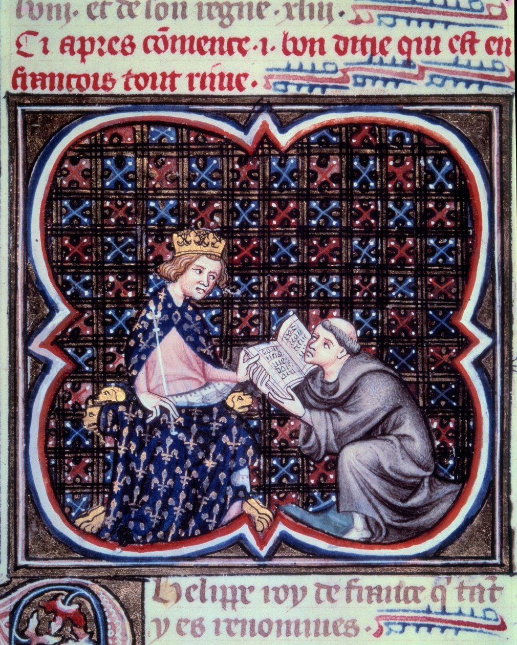 Primas předkládá text velkých kronik Francie Filipu III. (1245-1285). Miniatura z rukopisu Jeana Fouqueta (1420 - 1481) „“Grandes Chronicles de France““. Paříž. B N od Jean Fouquet