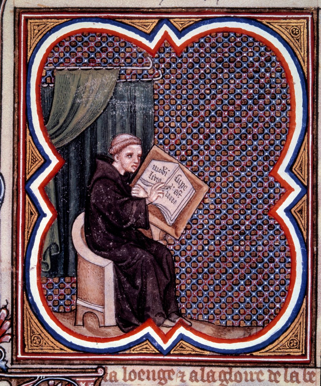 Primas píšící velké kroniky Francie v opatství Saint Denis. Miniatura z rukopisu Jeana Fouqueta (1420 - 1481) „“Grandes Chronicles de France““. Paříž, BN od Jean Fouquet