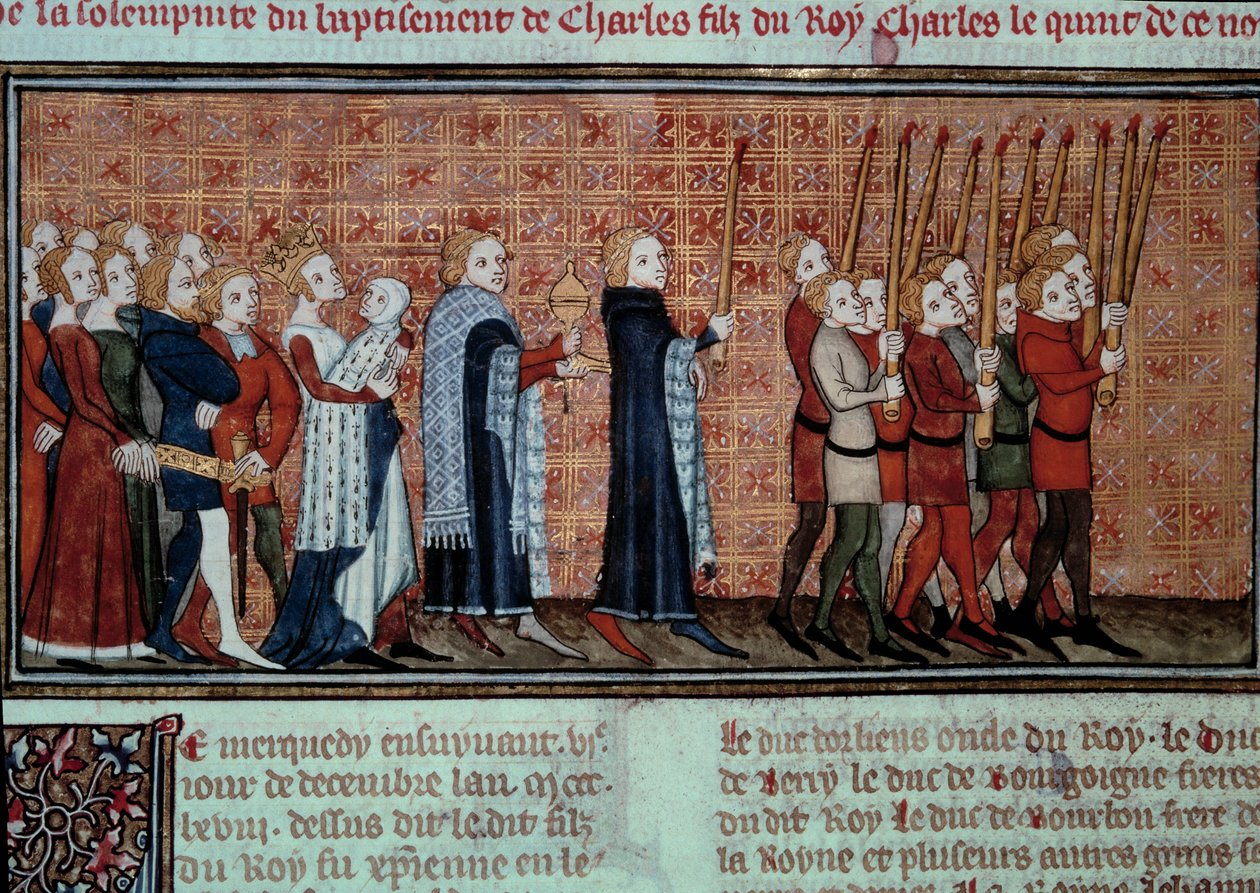 Procesí u příležitosti křtu Karla VI. (1368-1422) nesené miniaturou královny Jeanne d