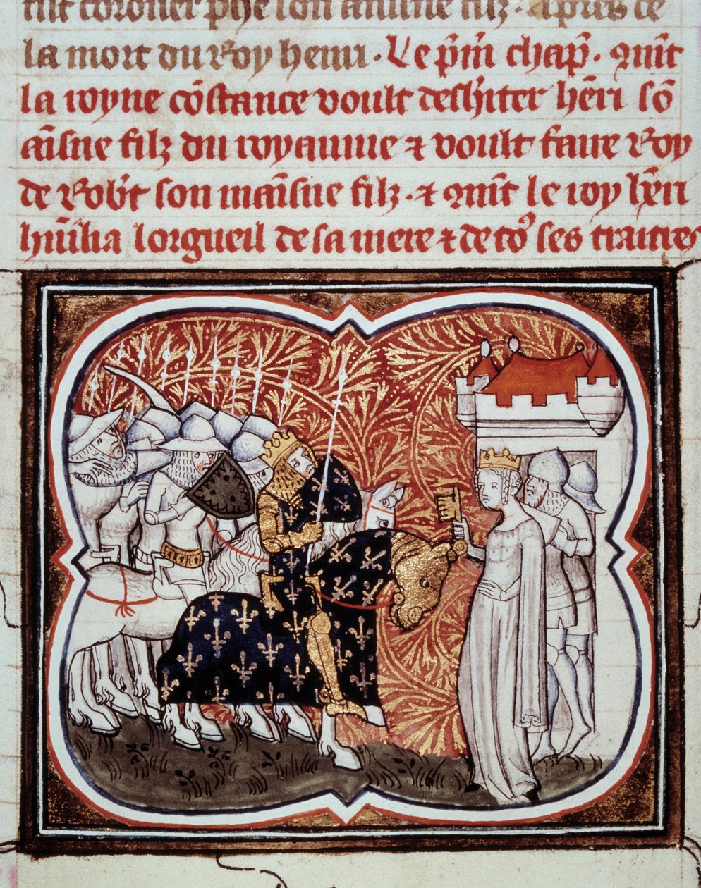 Královna Konstancie z Arles (986-1032) se vzdává svému synovi Jindřichovi I. francouzskému králi (1008-1060) Miniatura z „“Les grandes Chronicles de France““ od Jeana Fouqueta (1420-1481) Paříž 15. století, B.N. od Jean Fouquet