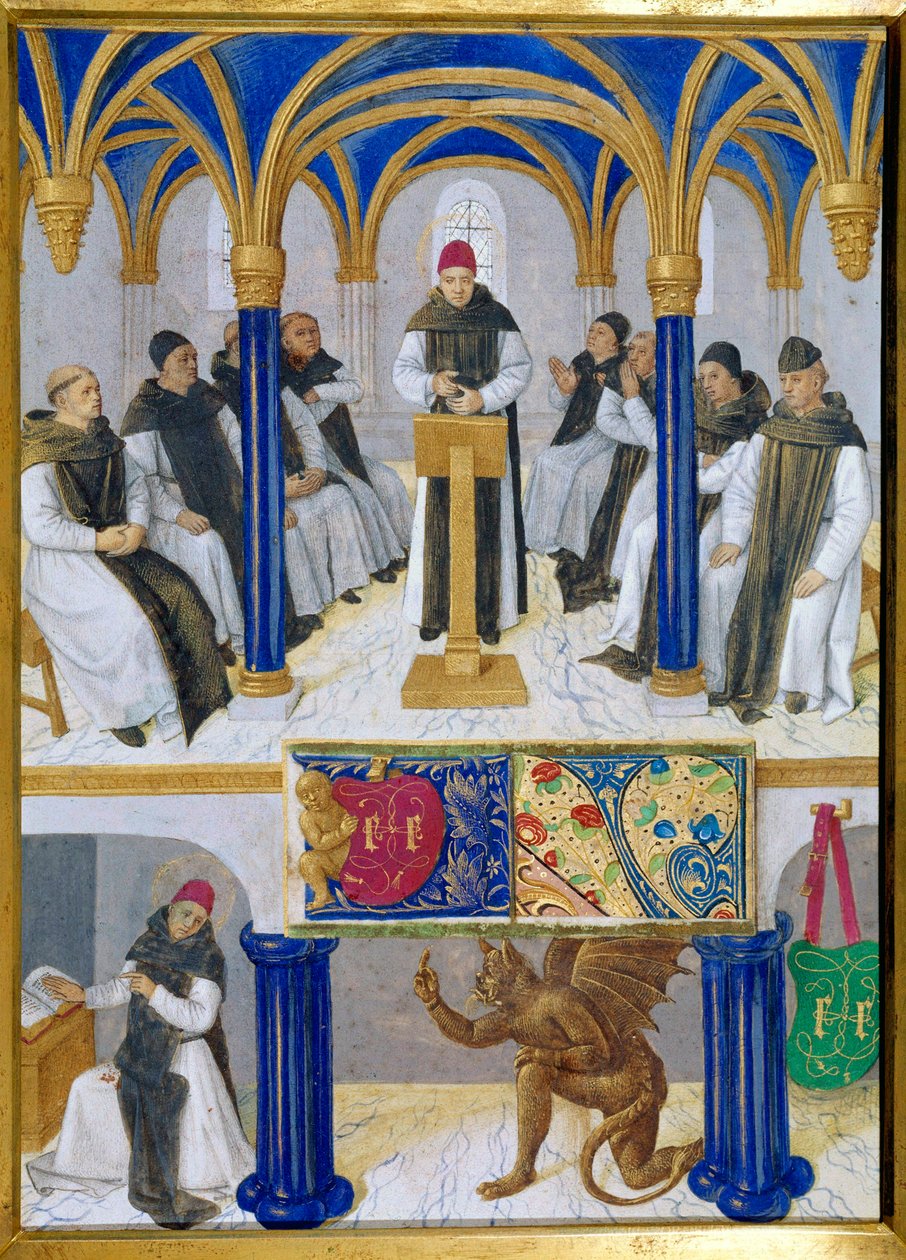 Reprezentace svatého Bernarda z Clairvaux (San Bernardo di Chiaravalle) (1090-1153) učitele a stanu od ďábla Miniatura převzatá z „Knihy hodin Etienna Chevaliera“ od Jeana Fouqueta (1420-1477/1481) od Jean Fouquet