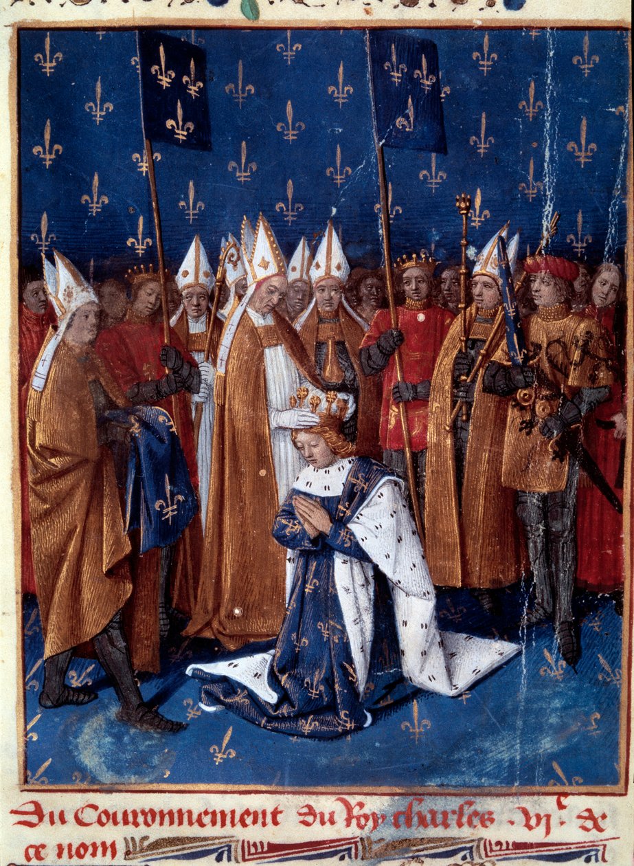 Svatý Karel VI. v Remeši v roce 1380. Miniatura v "Grandes Chronicles de France" (Folio 457v), osvětlil Jean Fouquet (1420-1481) 1455-1460. BN, Paříž. od Jean Fouquet