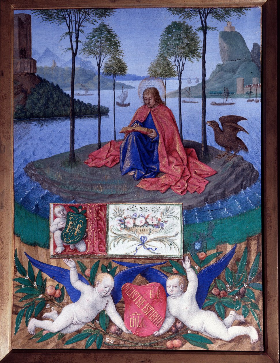 Miniatura svatého Jana na ostrově Patmos v „Hodinách Etienna Chevaliera“ od Jeana Fouqueta (1420-1481) od Jean Fouquet