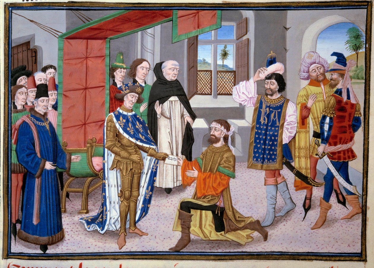 Sedmá křížová výprava: Francouzský král Saint Louis (nebo Ludvík IX.) (1214-1270) v Nikósii na Kypru kolem roku 1245. Miniatura z „Velkých kronik“ od Jeana Fouqueta (1420-1481). Paříž, Knihovna Arsenalu od Jean Fouquet