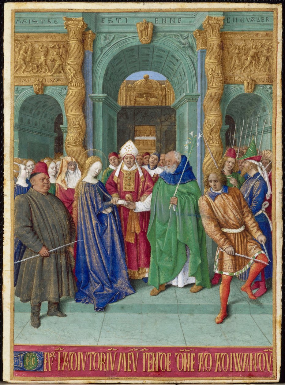 Svatba Panny Marie Francouzské: miniatura z Hodin Etienna Chevaliera od Jean Fouquet