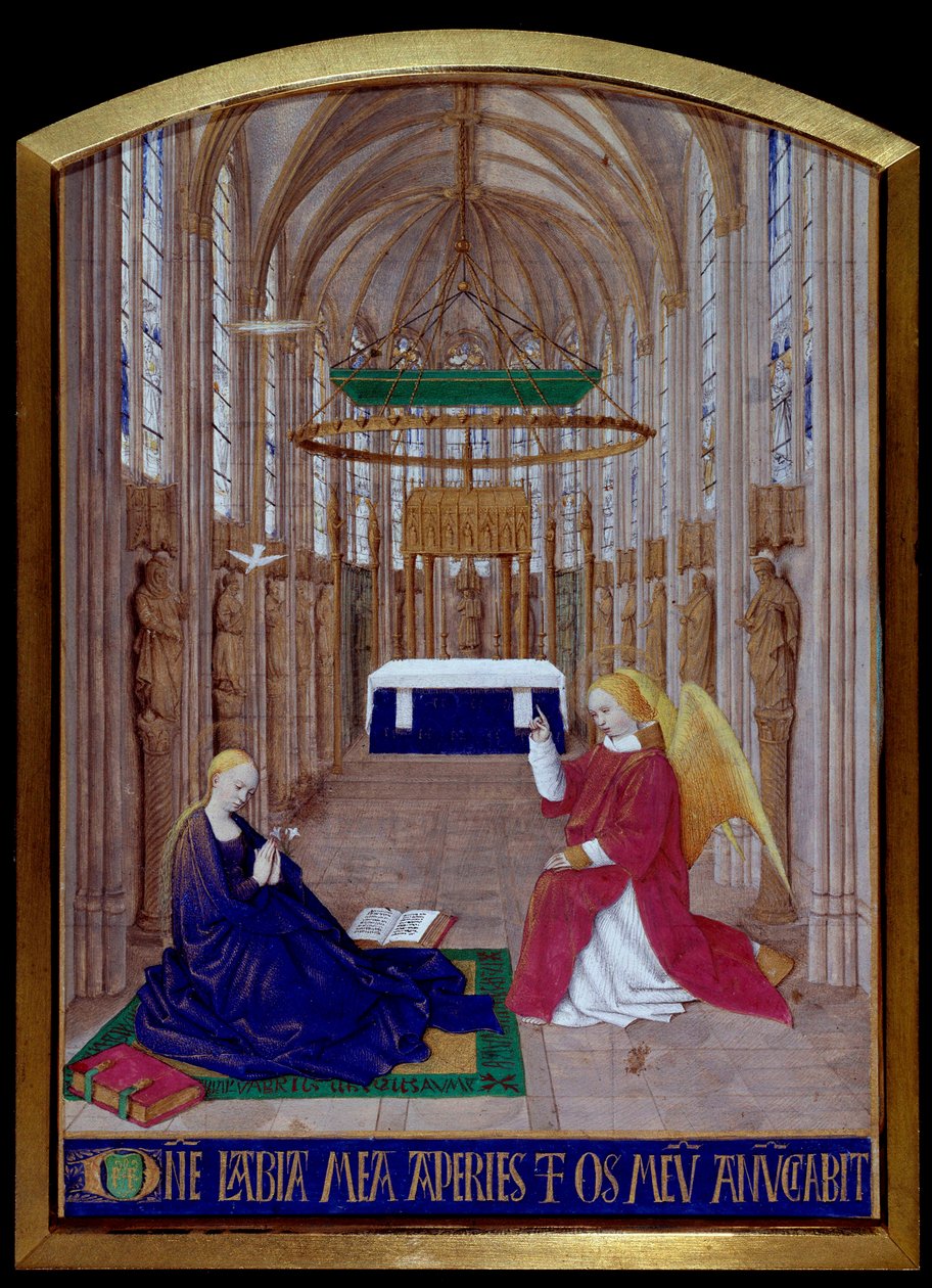 Miniaturní zvěstování převzato z „Knihy hodin Etienna Chevaliera““ od Jeana Fouqueta (1420-1477/1481) od Jean Fouquet