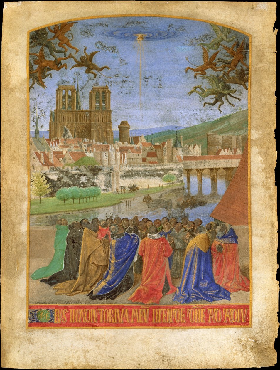 Pravá ruka Boží chránící věřící proti démonům, kolem 1452-1460 (tempera a zlaté listy na pergamenu) od Jean Fouquet