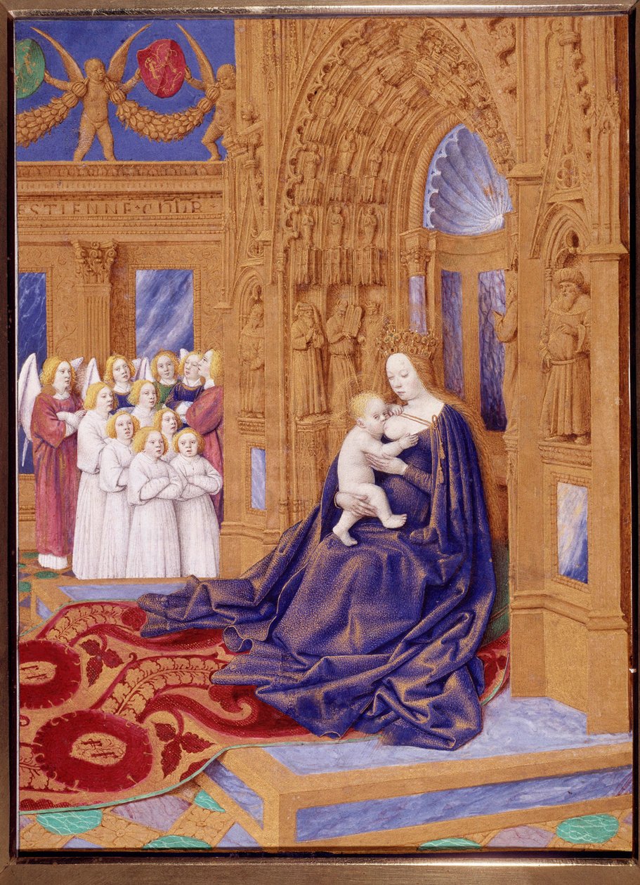 Panna má miniaturní dítě převzaté z „Knihy hodin Stephena Chevaliera“ od Jeana Fouqueta (1420-1477/1481) od Jean Fouquet