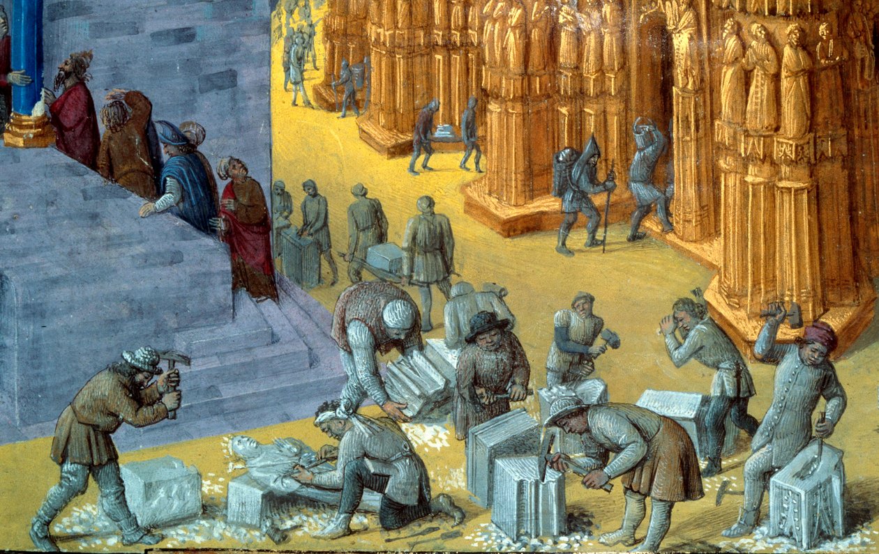 Stavba jeruzalémského chrámu králem Šalamounem Detail představující řezače kamene. Miniatura z rukopisu „The Judaic Antiquities““ od Josepha Flavia (Giuseppe Flavio, Flavius Josephe) (37-100) ilustrovaná Jeanem Fouquetem (1425-1481) od Jean Fouquet