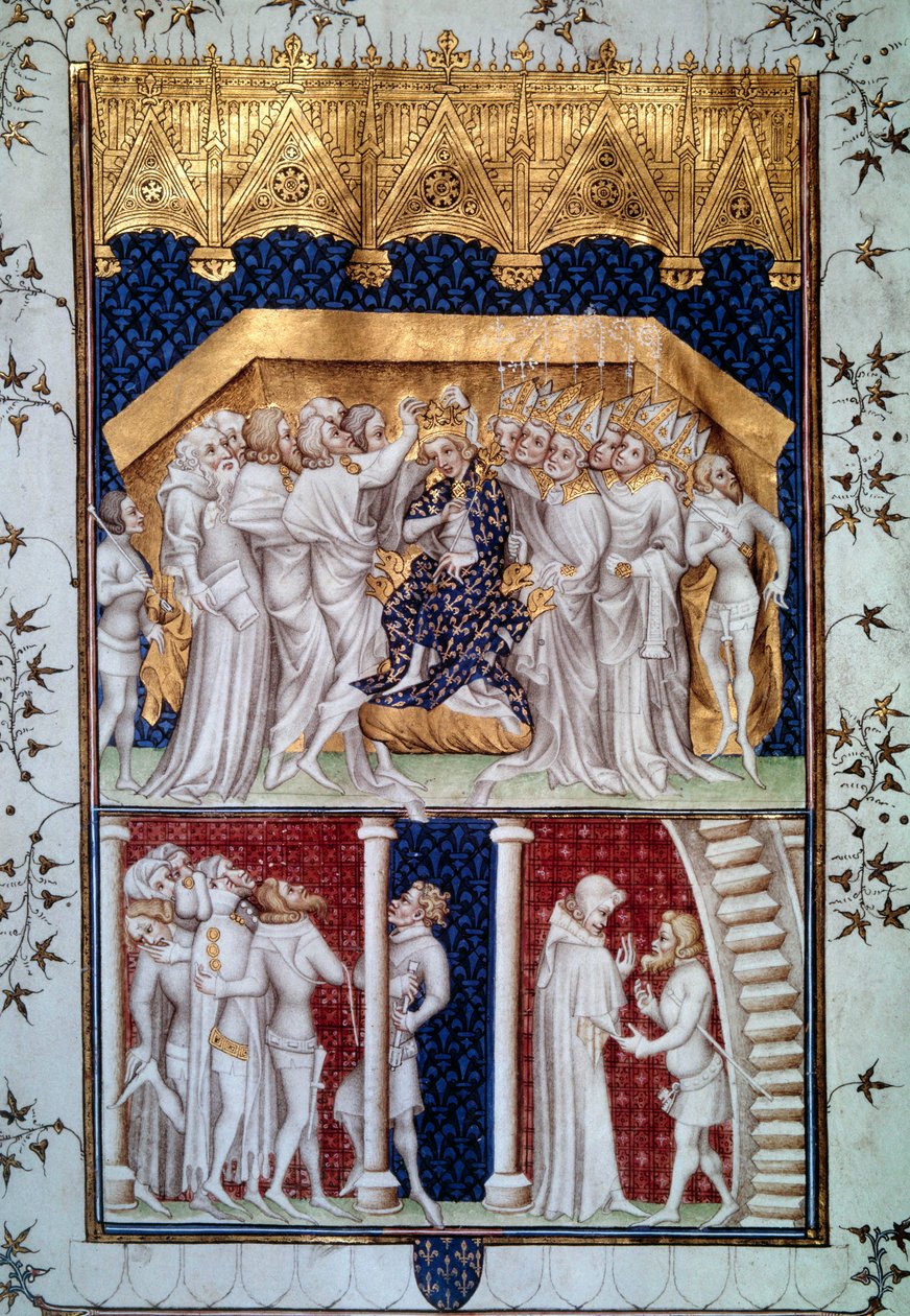 Korunovace Karla VI. (1368-1422) francouzskými vrstevníky dne 16.09.1380. Miniatura z Grandes Chronicles de France”” od Jeana Fouqueta (1420-1481) Paříž 15. století, B.N. od Jean Fouquet