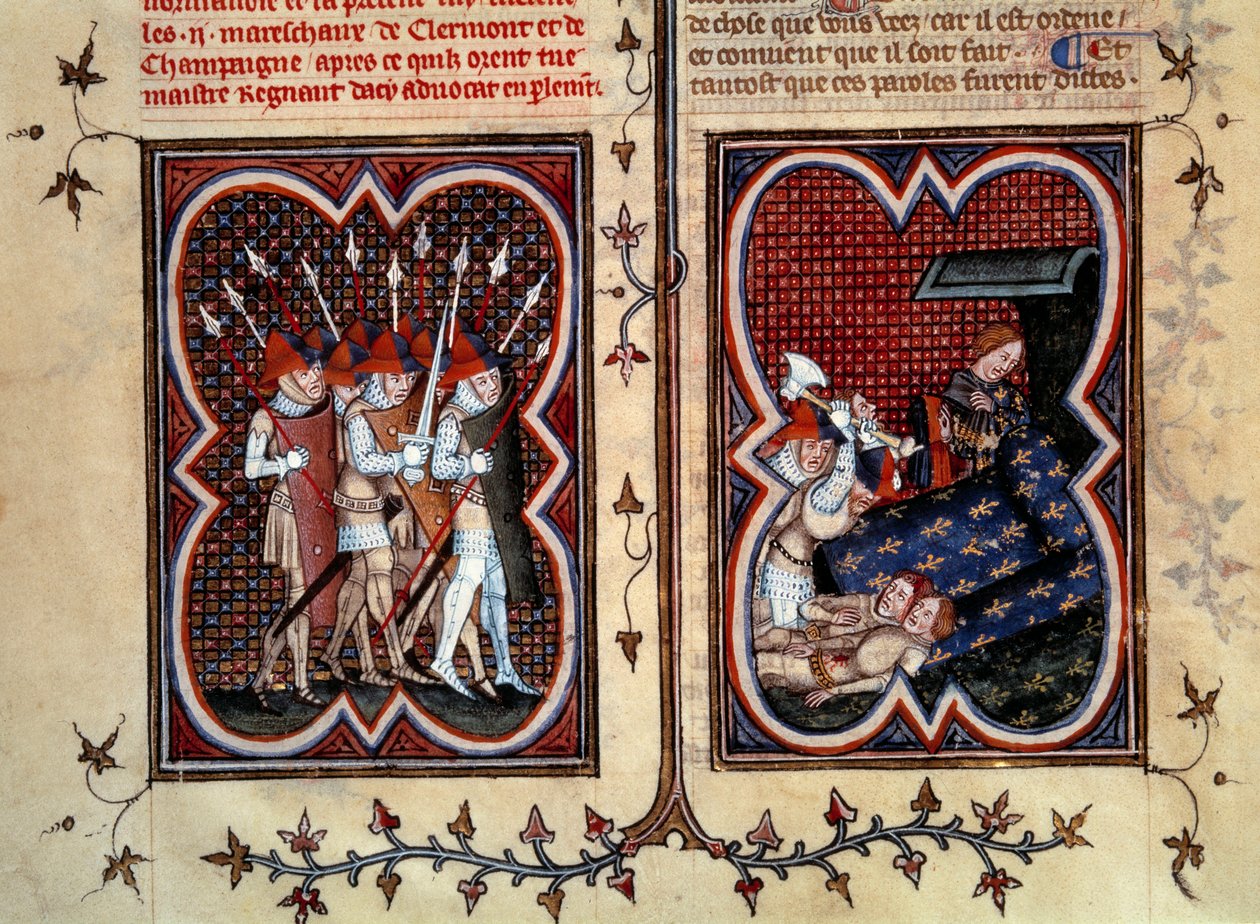 Marechaux Robert de Clermont a Jean de Conflans byli zavražděni Etiennem Marcelem (1315-1358) a jeho muži v pokoji delfína Charlese (budoucího Karla V.) v Palais de la cite 22. února od Jean Fouquet