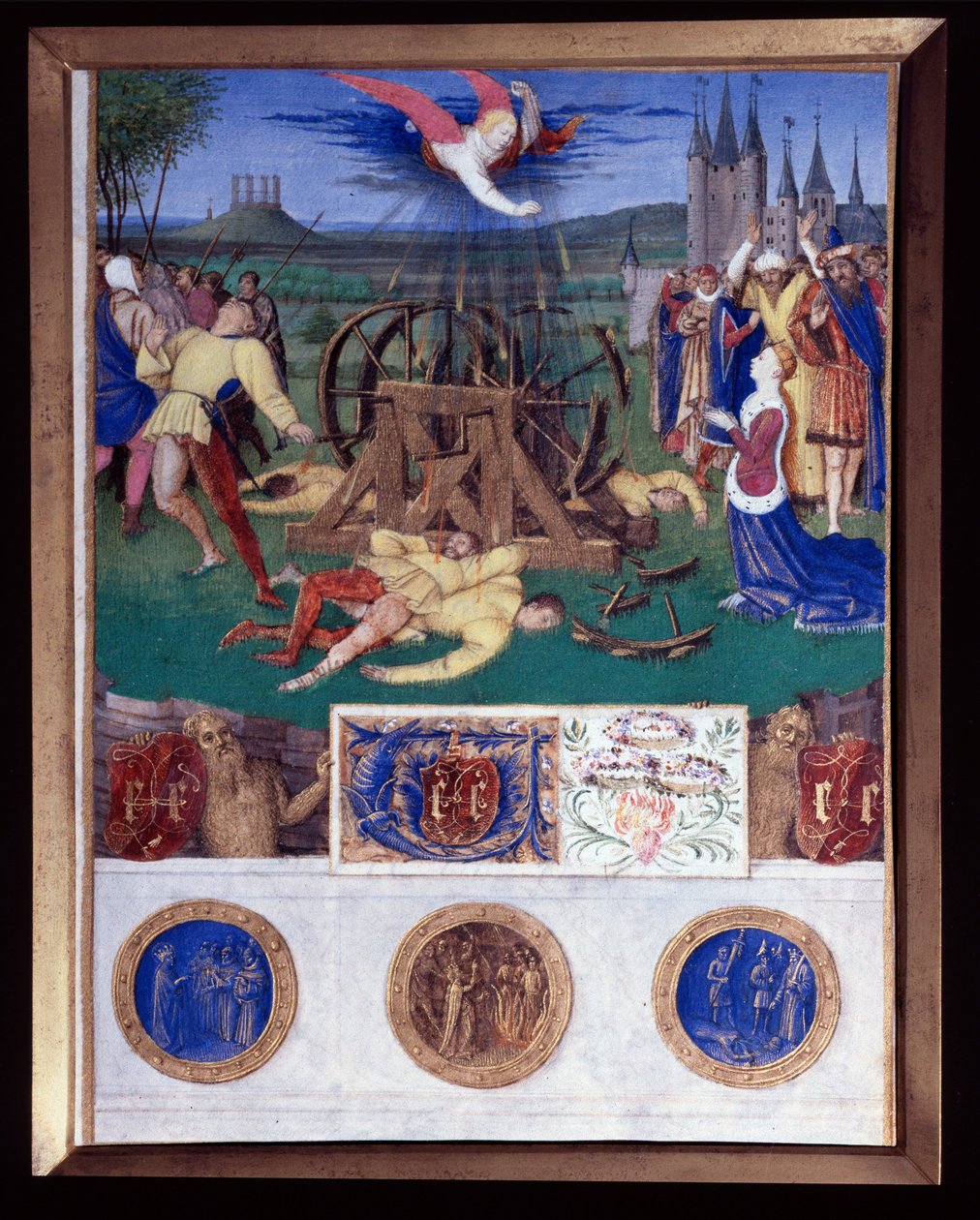 Miniatura mučednictví Kateřiny Alexandrijské převzatá z „Knihy hodin Etienna Chevaliera“ od Jeana Fouqueta (1420-1477/1481) od Jean Fouquet