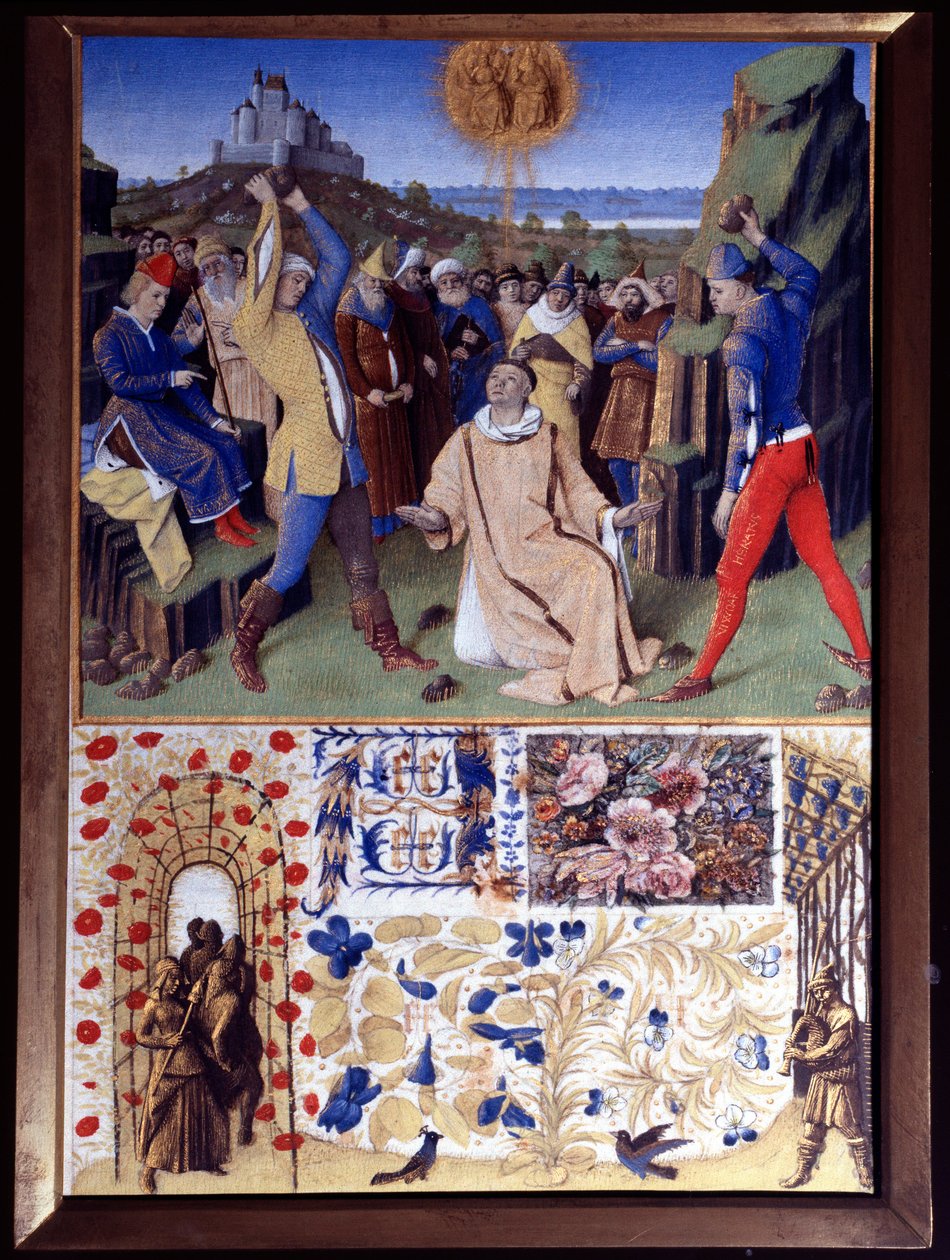 Umučení svatého Štěpána ukamenováním Miniatura převzatá z „Knihy hodin Etienna Chevaliera“ od Jeana Fouqueta (1420-1477/1481) od Jean Fouquet