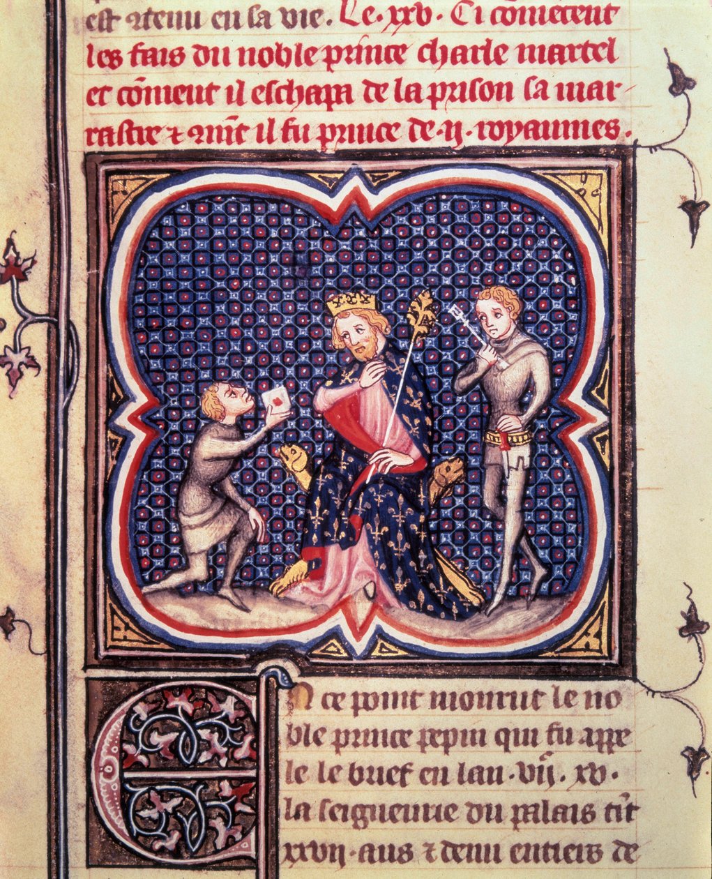 Starosta Palais Charles Martel (688-741) a jeho komorník přijímají posla od vévody z Eudes d
