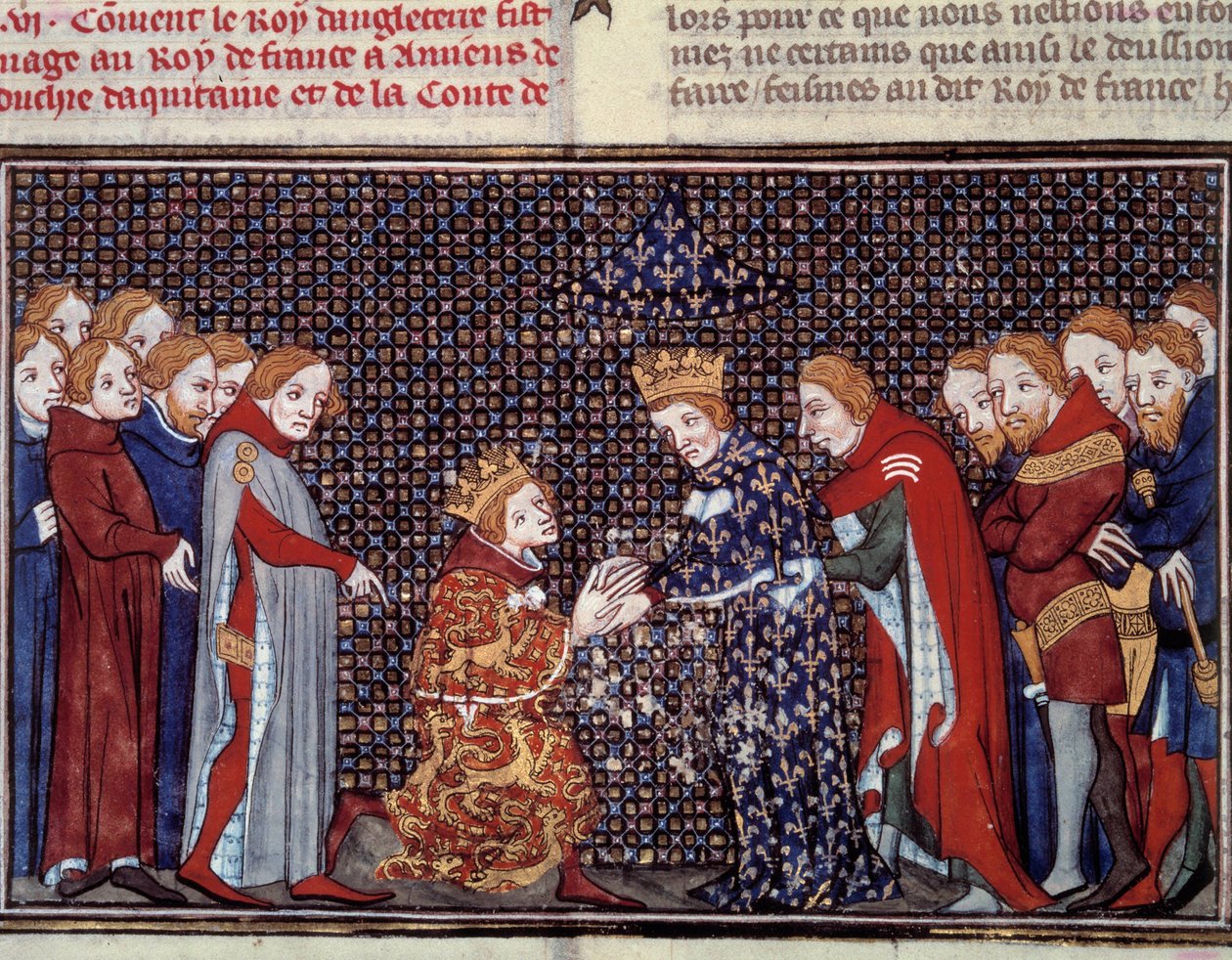 Pocta anglického krále Edwarda III. (1312-1377) Filipu VI. z Valois (1294-1350), francouzskému králi, v roce 1330. Miniatura z „Les grandes Chronicles de France“ od Jeana Fouqueta (1420-1481) od Jean Fouquet