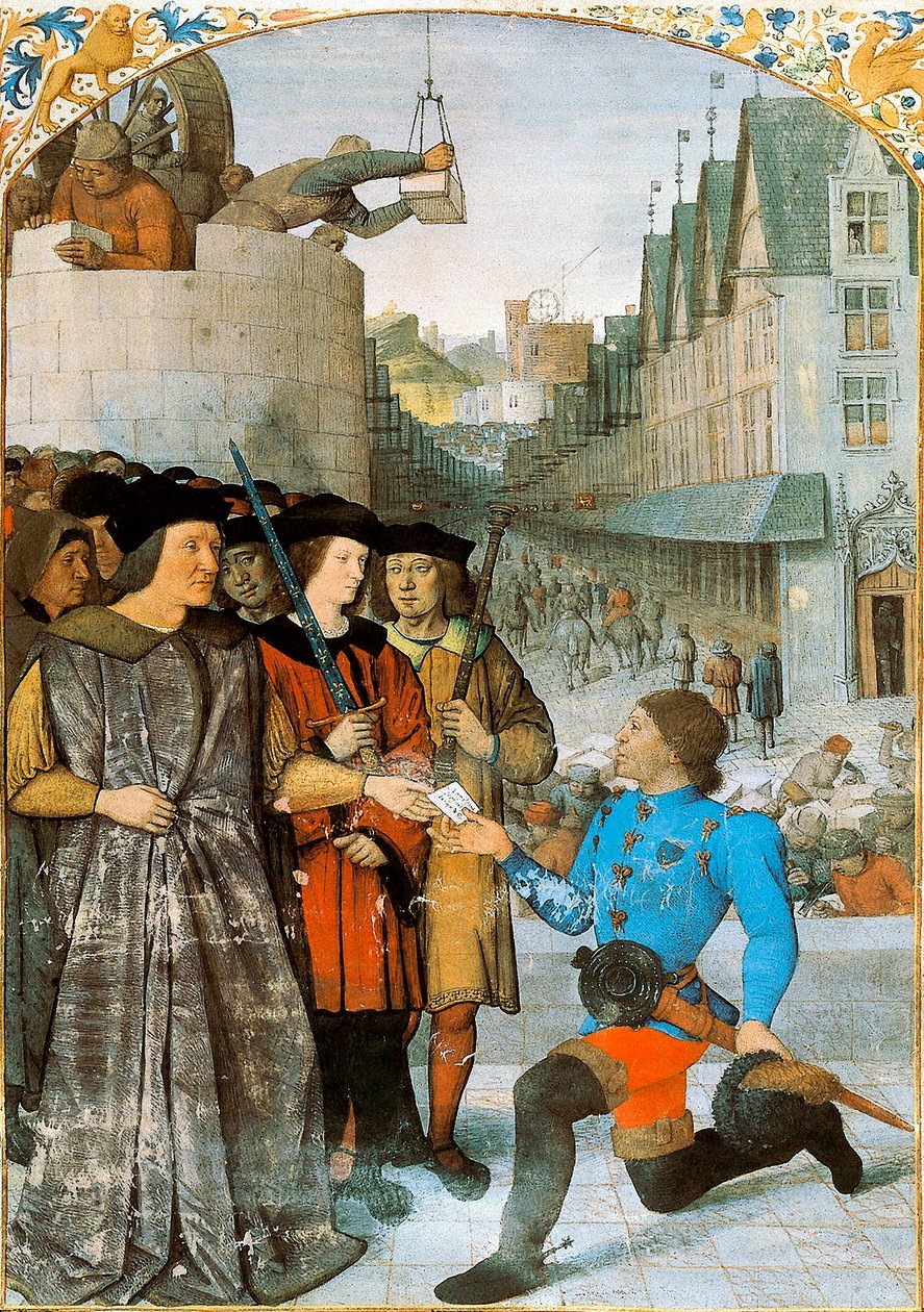 Vikomt z Rochechouartu přijímá královského posla. Miniatura Jeana Fouqueta (1420-1481) z „Velkých letopisů Francie“. 1455-1460 od Jean Fouquet