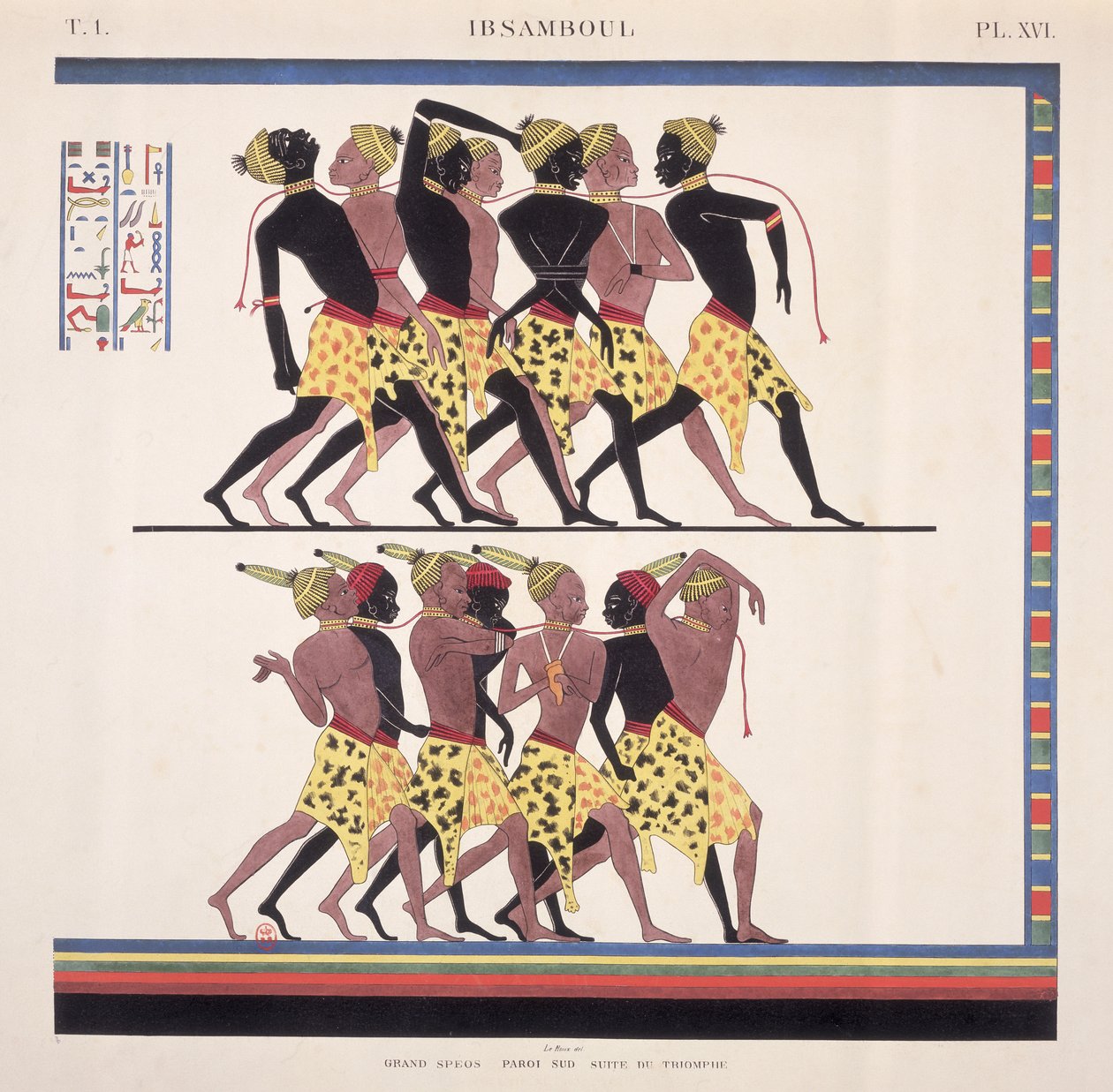 Interpretace fresek v Ibsambulu zobrazujících núbijské otroky z "Památky de l"Egypte et de la Nubie" od umělce, kolem roku 1835 od Jean Francois Champollion