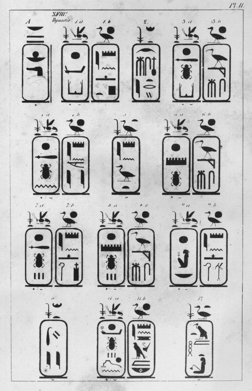 Dopis adresovaný francouzskému velvyslanci Pierru de Blacas dAulps o královském muzeu egyptského umění v Turíně, Kopie královských kartuší z XVIII. dynastie (dopis 1, 1) 1824 (pero a inkoust na str. od Jean Francois Champollion