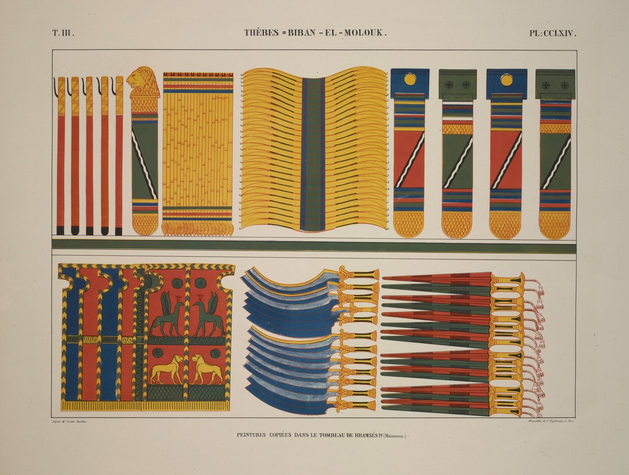 Různé egyptské zbraně a zbraně, Théby, Biban-el-Molouk, ilustrace z "Monuments de L"Egypte et de la Nubie, 1845 od Jean Francois Champollion