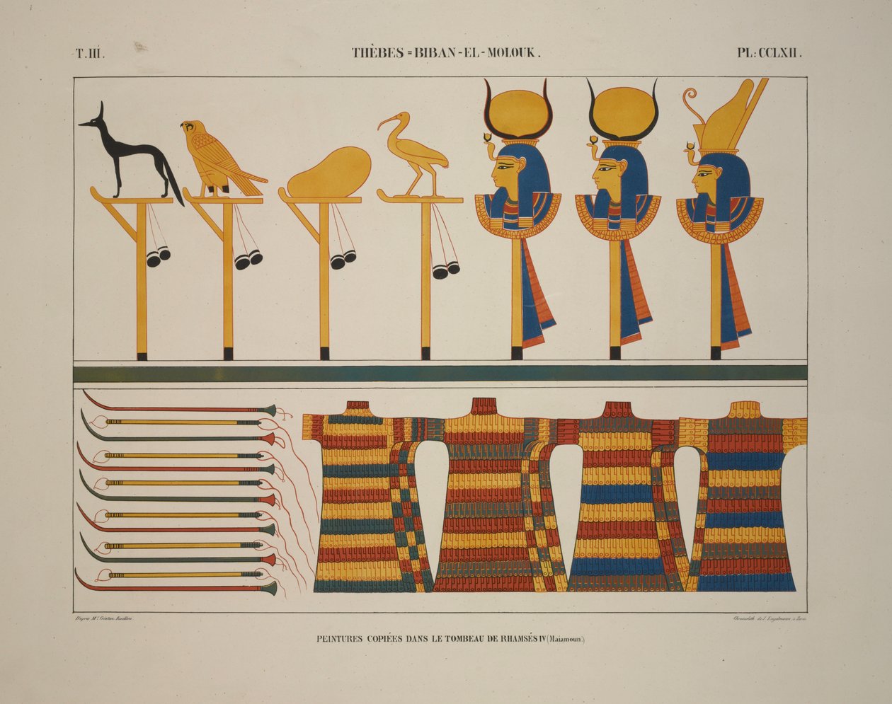 Zbraně a znamení, Théby, Biban-el-Molouk, ilustrace z „Památky Egypta a Núbie, 1845 od Jean Francois Champollion
