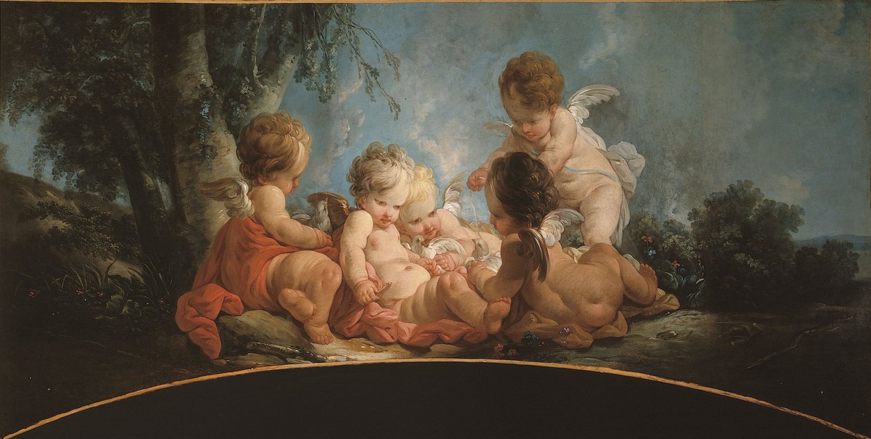 Skupina pěti milenců hrajících si s holubicemi, kolem roku 1761 (nahoře na dveřích) od Jean Francois Clermont