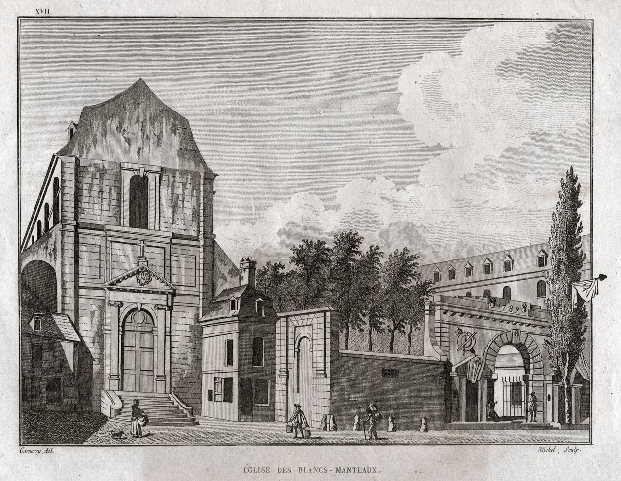 Kostel Blancs Coats, Paříž. (rytina, cca 1780) od Jean Francois Garneray