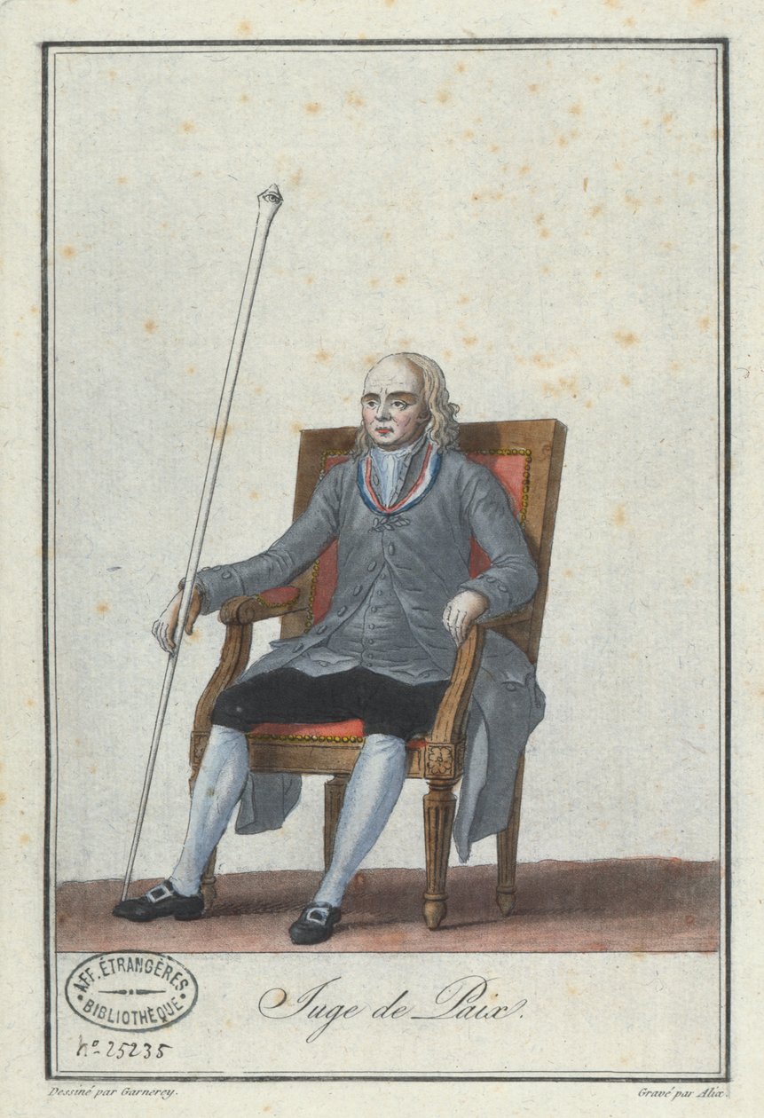 Smírčí soudce, vyrytý Alix, z knihy o kostýmech francouzského direktorátu (barevná rytina) od Jean Francois Garneray
