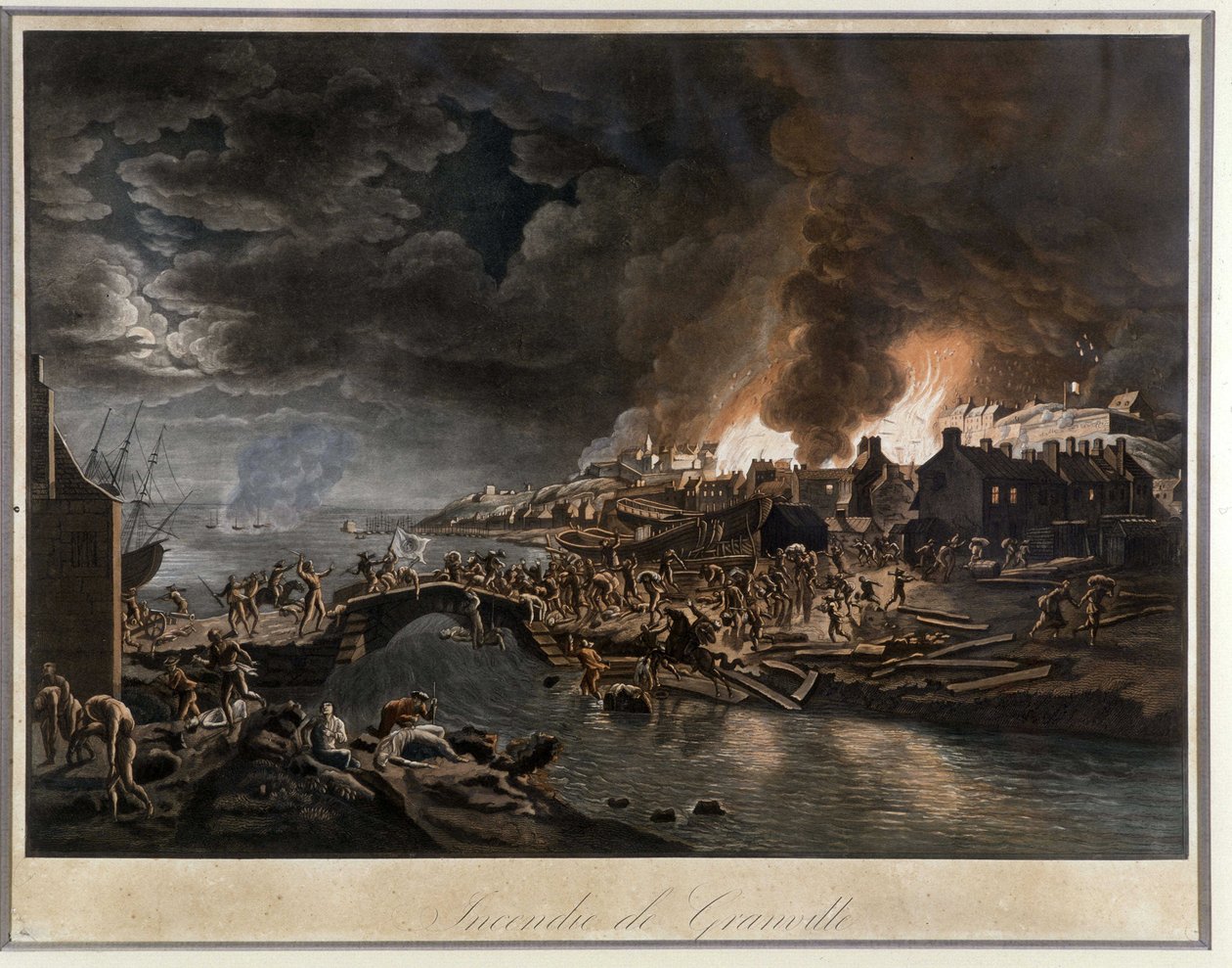 Granville v plamenech obležený Vendéany, podle malby J. Françoise Hue, c. 1800. od Jean Francois Hue