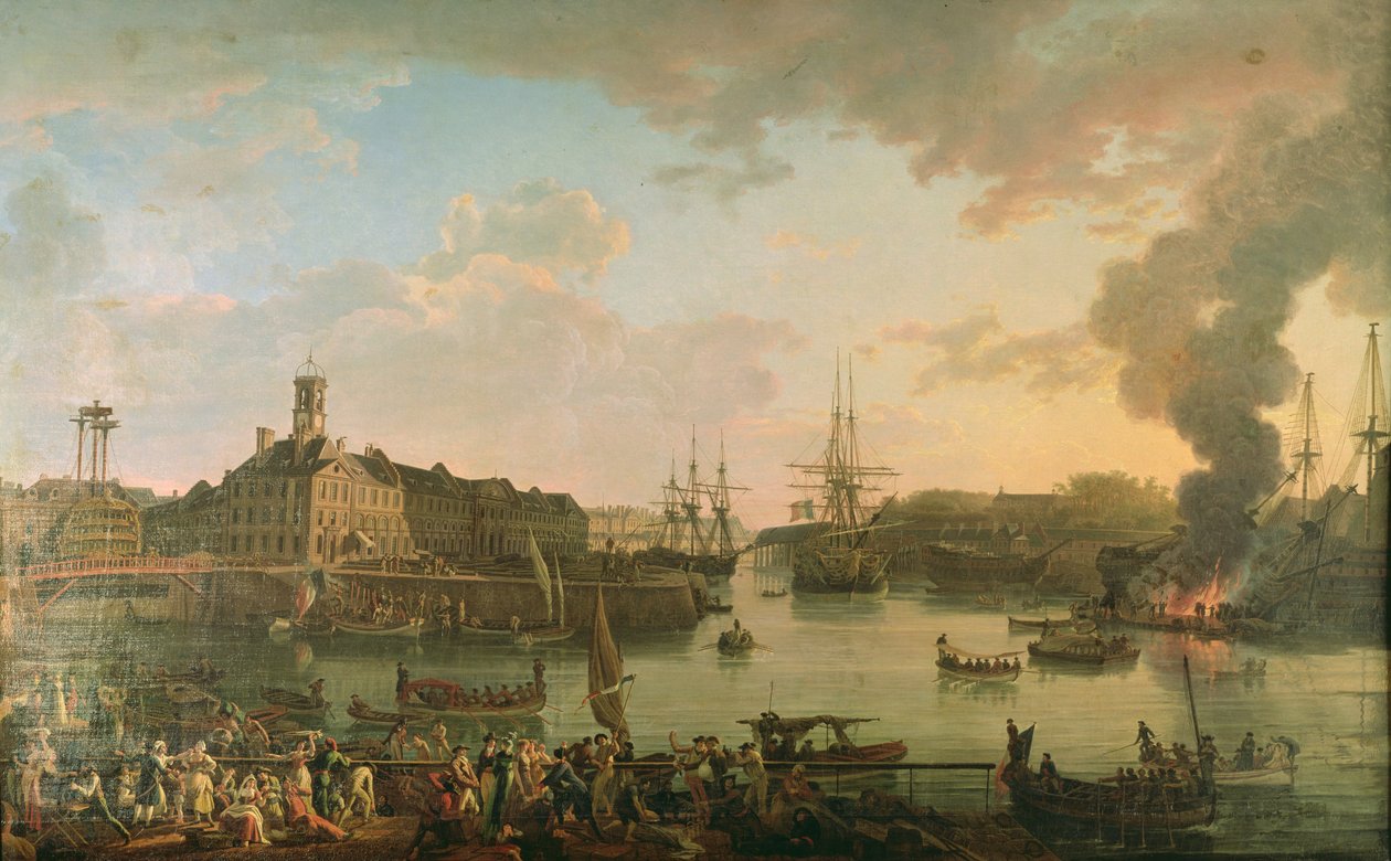 Pohled na přístav Brest z krytých doků v roce 1795, 1795 od Jean Francois Hue