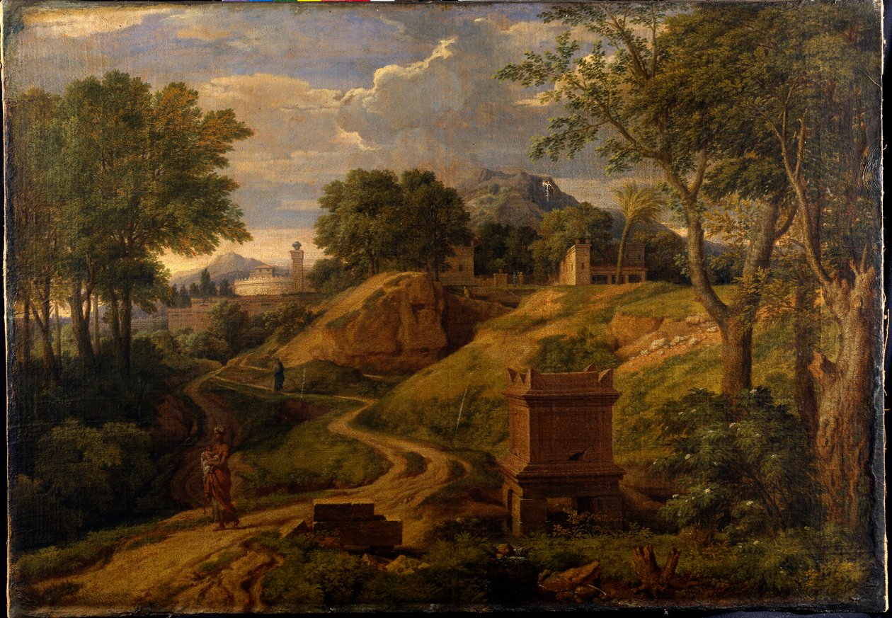Klasická krajina se ženou nesoucí dítě, cca 1650-75 (olej na plátně) od Jean Francois I Millet