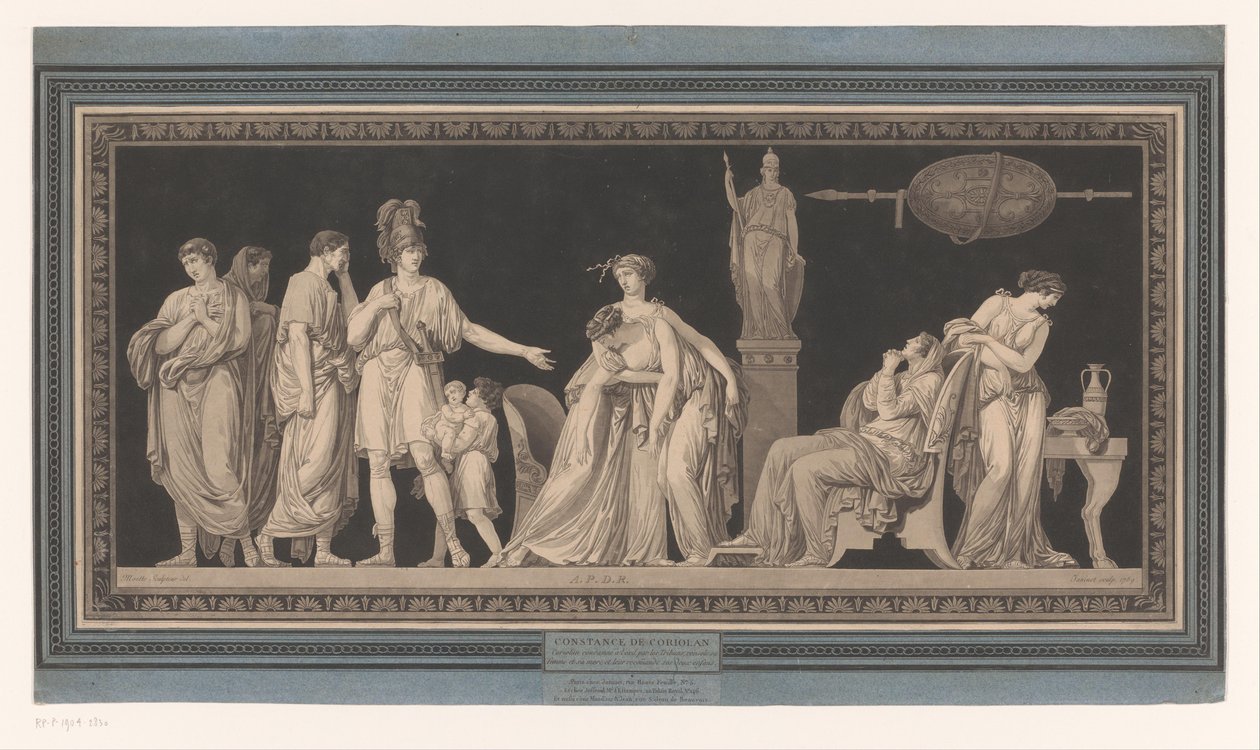 Coriolanus utěšuje svou ženu a matku Constance de Coriolan (název na objektu) od Jean Francois Janinet
