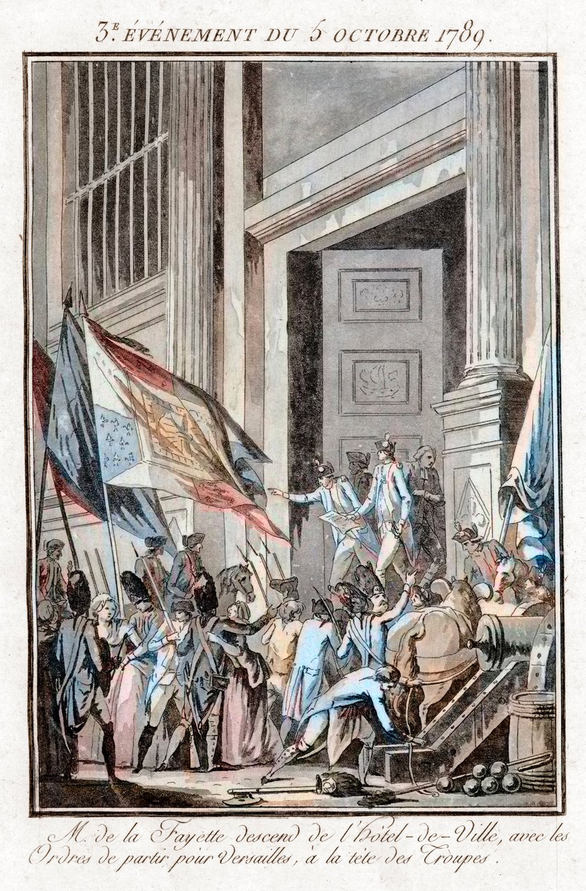 Francouzská revoluce – La Fayette opouští pařížskou radnici a míří do Versailles, 5. října od Jean Francois Janinet