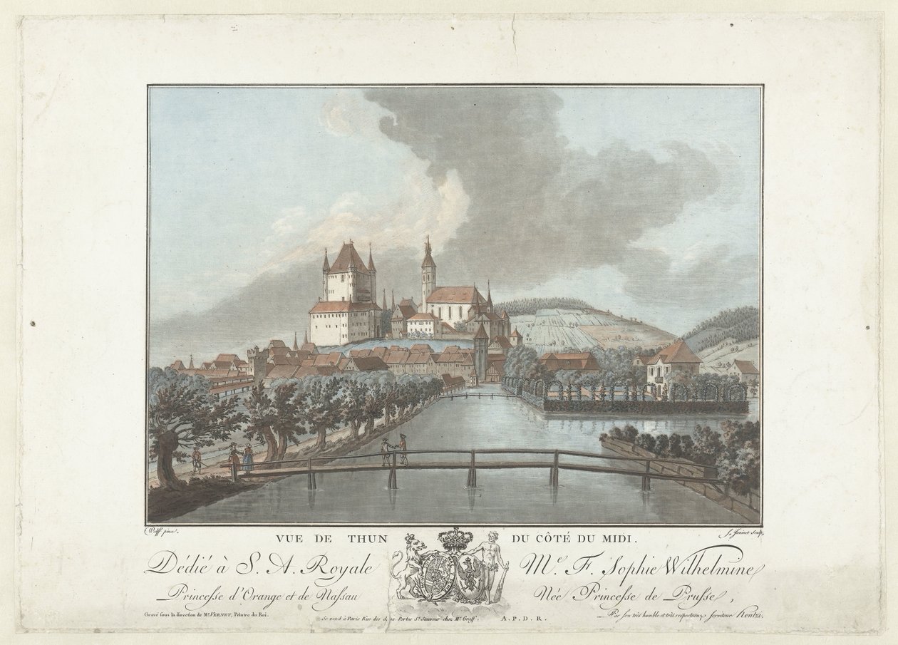 Gezicht op Thun Pohled na Thun z jižní strany (nadpis na objektu) Pozoruhodné výhledy na švýcarské hory (název série) od Jean Francois Janinet