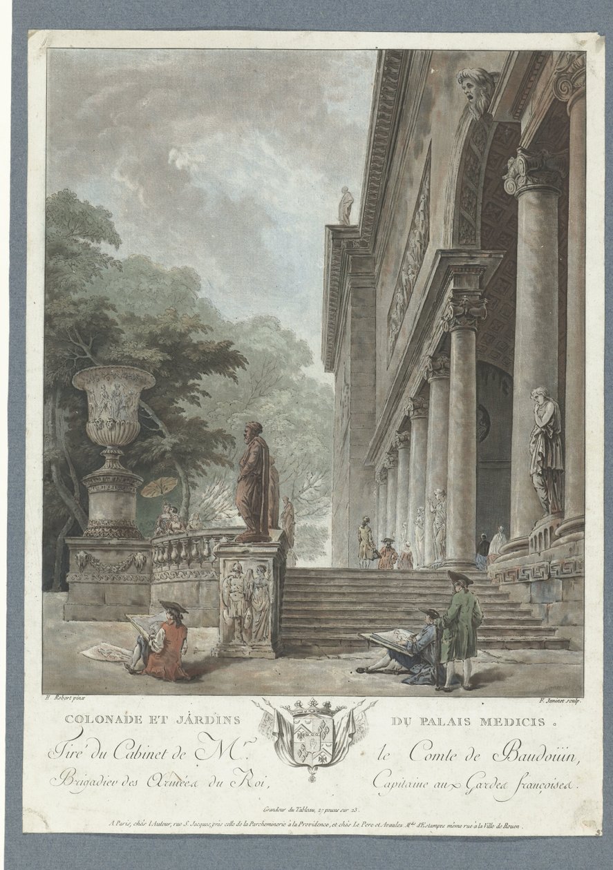 Pohled na vilu Medici Colonade et jardins du Palais Medicis (název na objektu) od Jean Francois Janinet