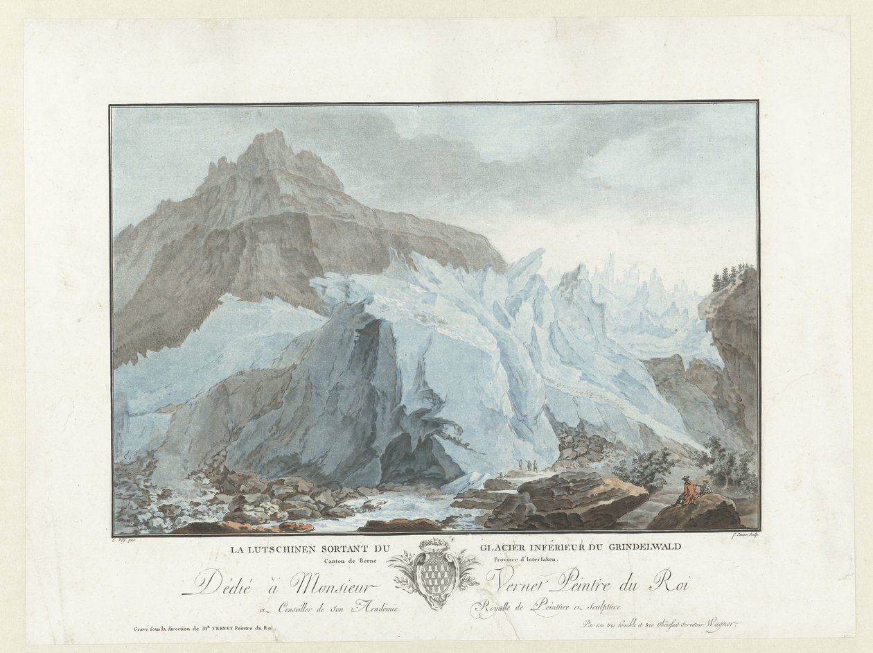 Gletsjer u Grindelwalda Lutschinen vynořující se z dolního ledovce Grindelwald. Kanton Bern provincie Interlaken (název na předmětu) Pozoruhodné výhledy na švýcarské hory (název série) od Jean Francois Janinet