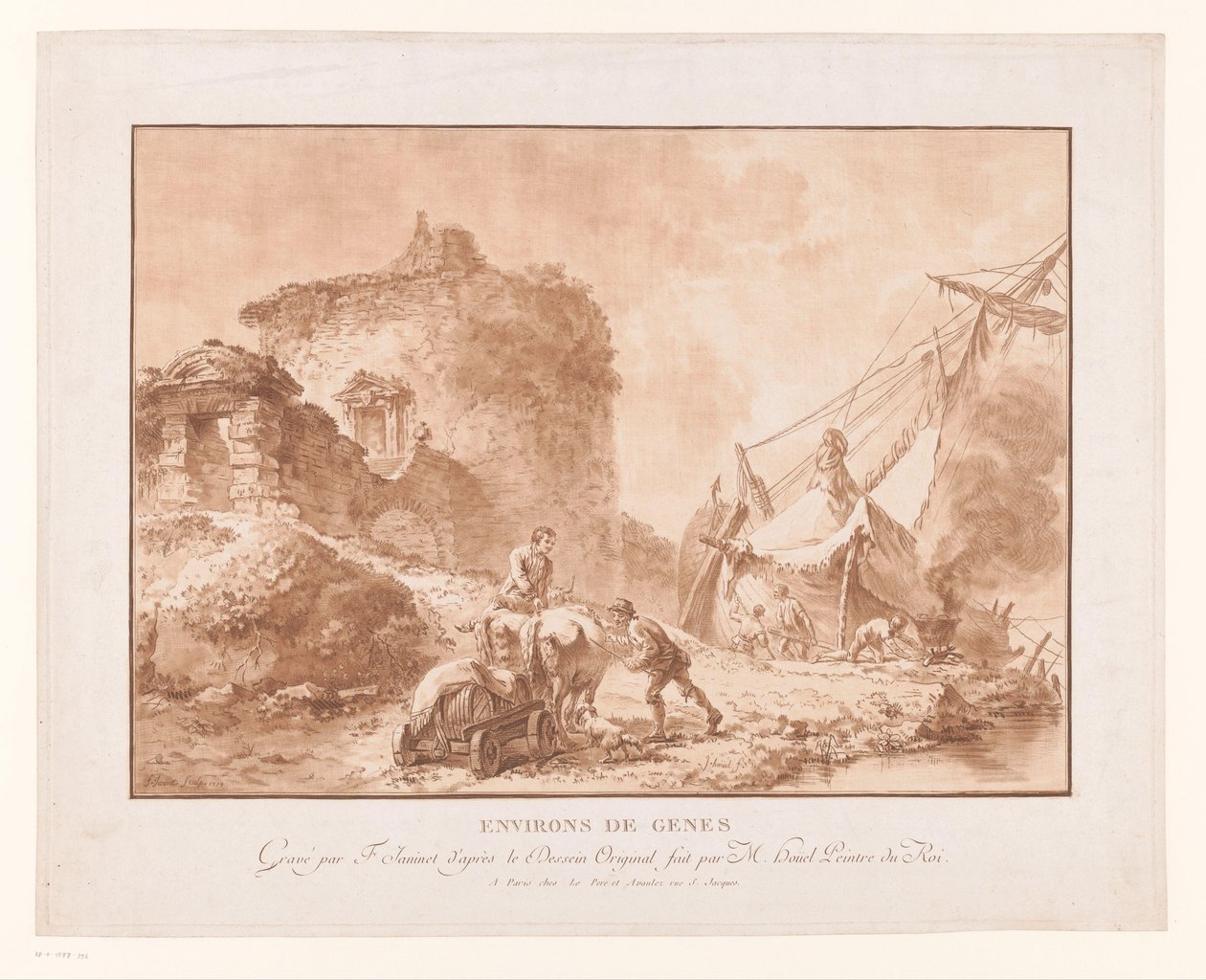 Krajina s ruinami a lodí poblíž Janova Environs de Genes (název na objektu) od Jean Francois Janinet
