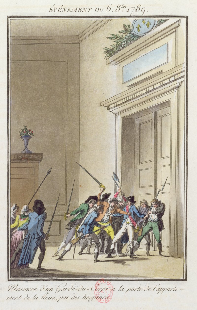 Dav Pařížanů útočí a zabíjí stráže u vchodu do královniných bytů ve Versailles 6. října 1789 od Jean Francois Janinet