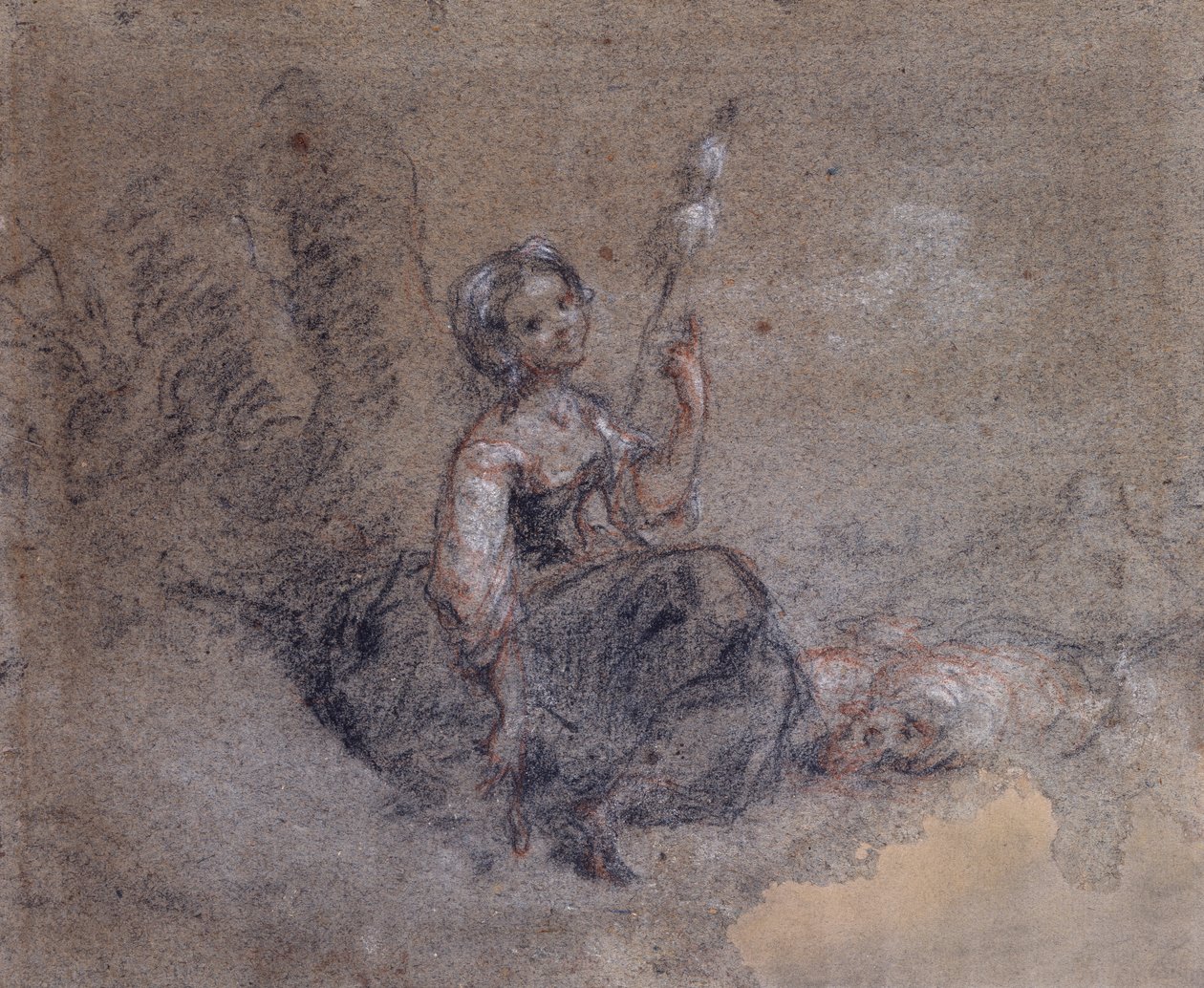 A Young Shepherdess Spinning (červená a bílá křída a dřevěné uhlí na papíře) od Jean Francois Millet