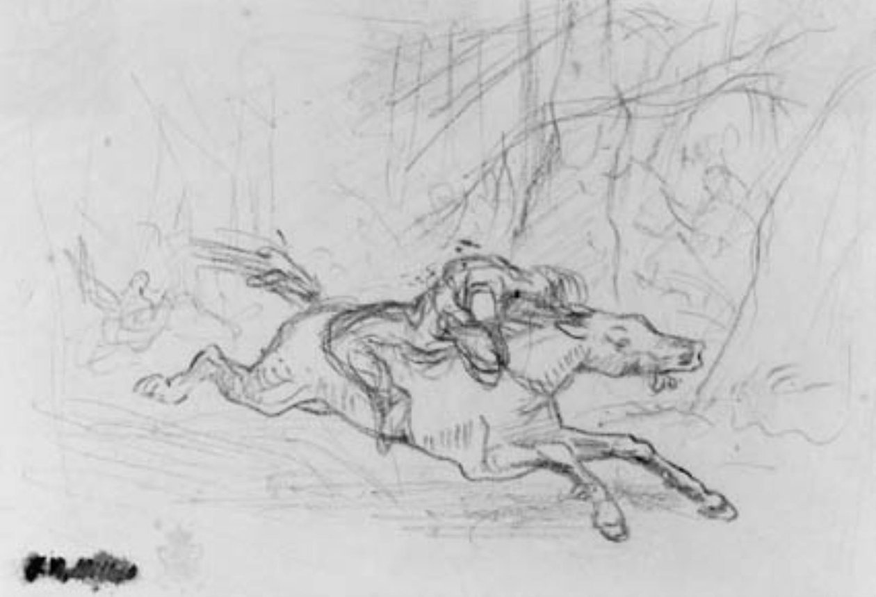 Pohled zezadu na muže na divokém koni v lese. Simon Butler od Jean Francois Millet