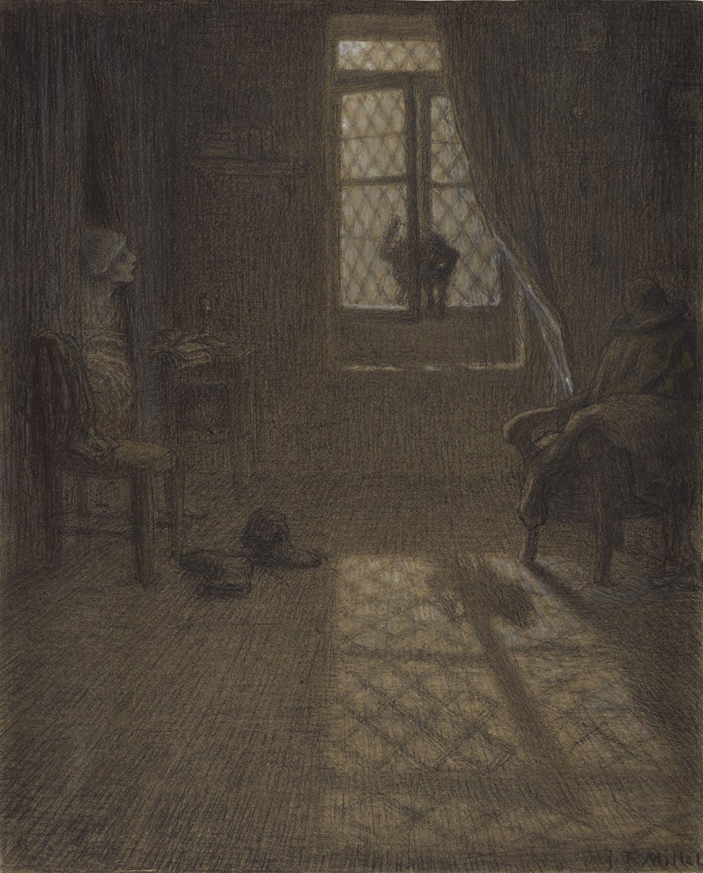 Le chat aneb The Cat at the Window, 1857-58 (conté pastelka a pastel s tupováním a prolínáním, fixováno na tkaném papíře) od Jean Francois Millet