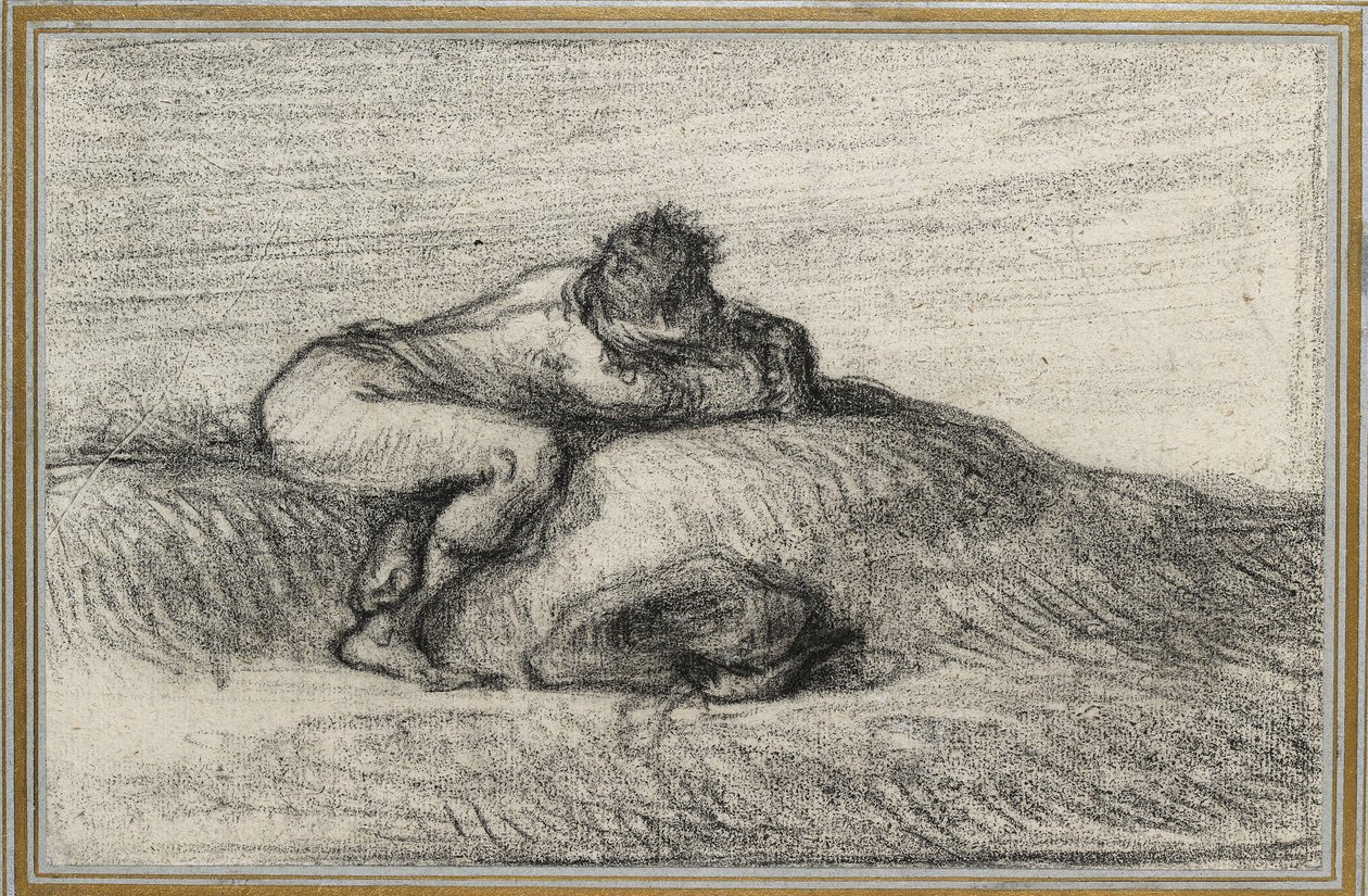 Muž, který se krčí na kopci, 1848 - 1850 (černá pastelka na špinavě bílém papíře, položená na světle modrém papíře olemovaném třemi zlatými linkami) od Jean Francois Millet