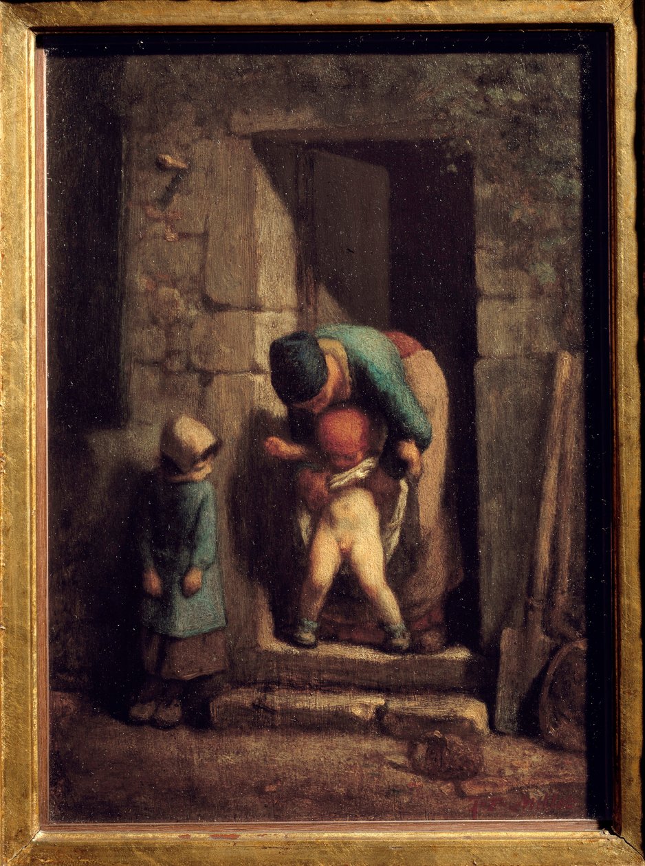 Mateřská opatrnost. Matka nutí svého syna močit přede dveřmi. Obraz Jeana Francoise Milleta (1814-1875) od Jean Francois Millet