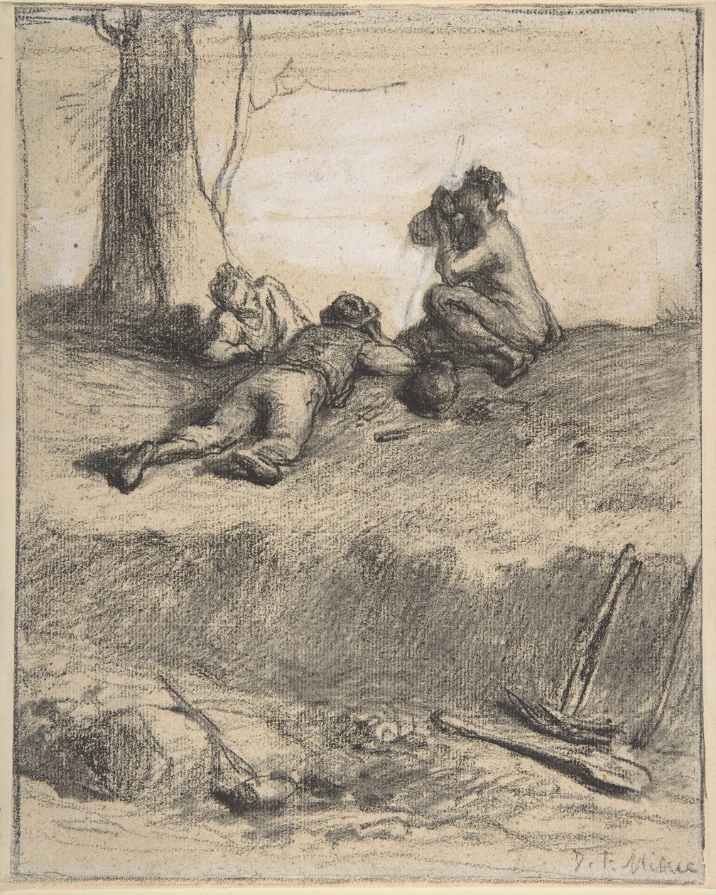 Roadworkers at Lunch, c.1850-52 (pastelka s kvašem, na položeném papíře) od Jean Francois Millet